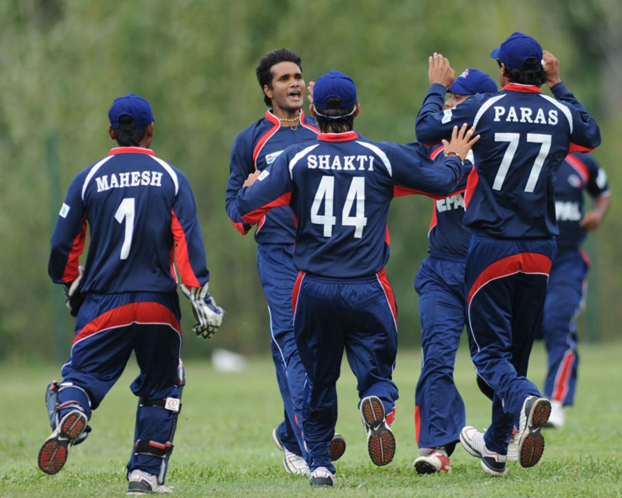 Nepal bowler Binod Das celebrates a dismissal with his team-mates, Italy v Nepal, ICC World Cricket League Division Four, Pianoro, August 15, 2010