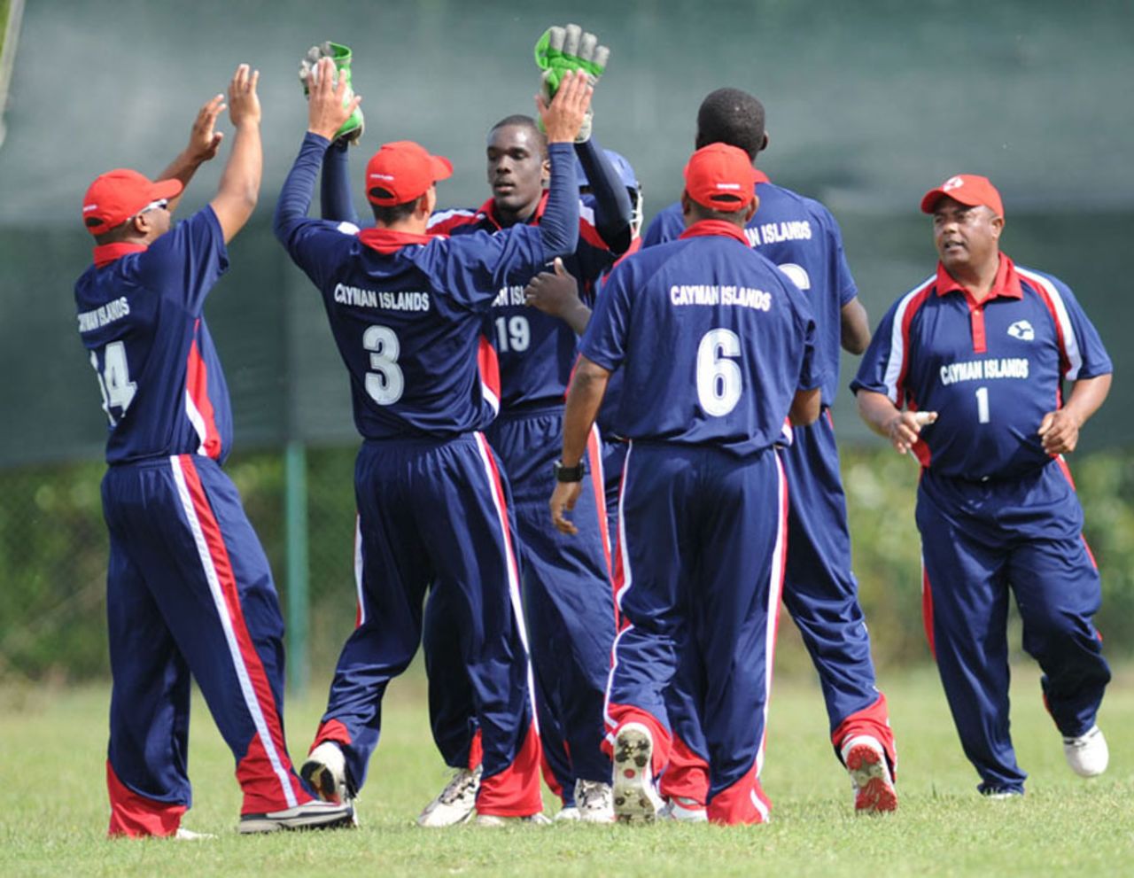 The Cayman Islands players celebrate the fall of an Argentinian wicket, Argentina v Cayman Islands, ICC World Cricket League Division Four, Pianoro, August 16, 2010