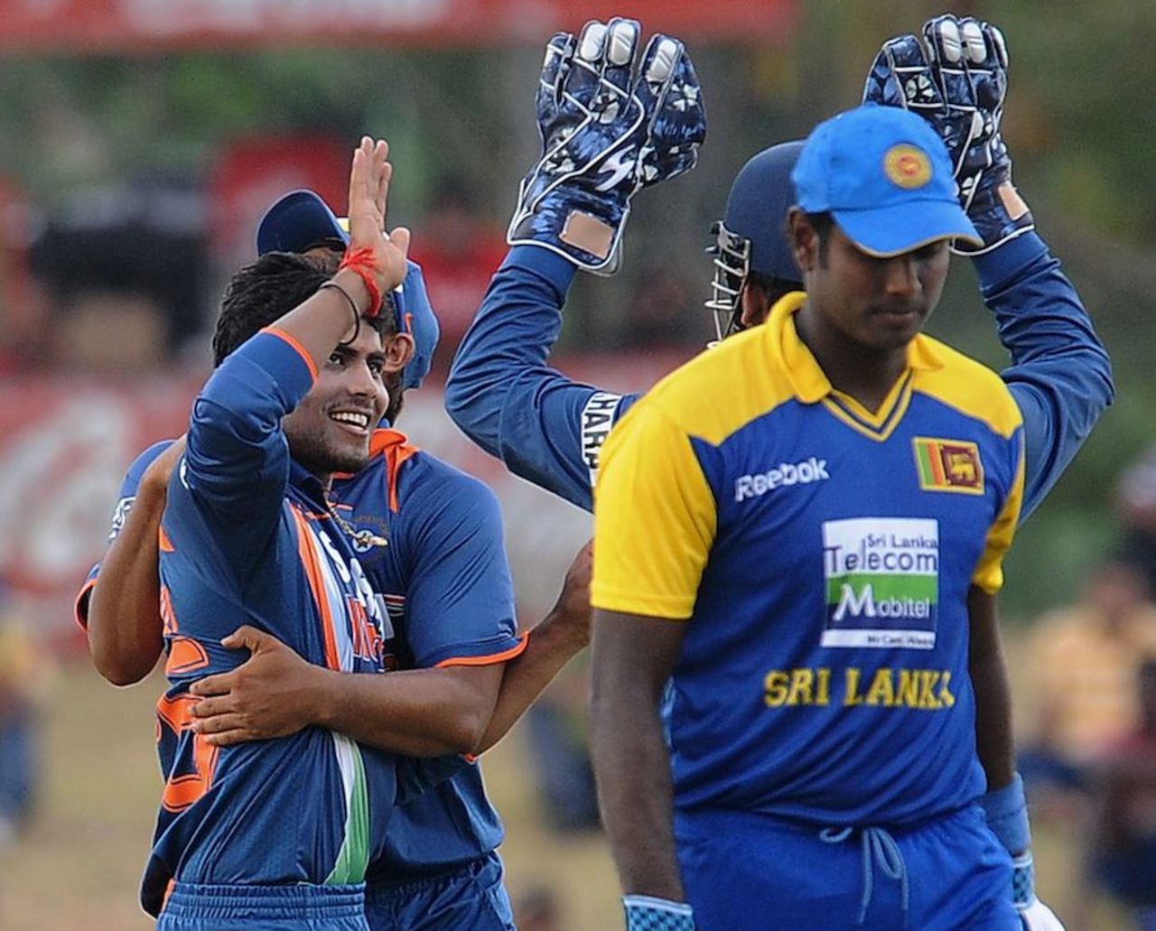 Ravindra Jadeja celebrates Angelo Mathews' wicket, Sri Lanka v India, tri-series, 3rd ODI, Dambulla, August 16, 2010