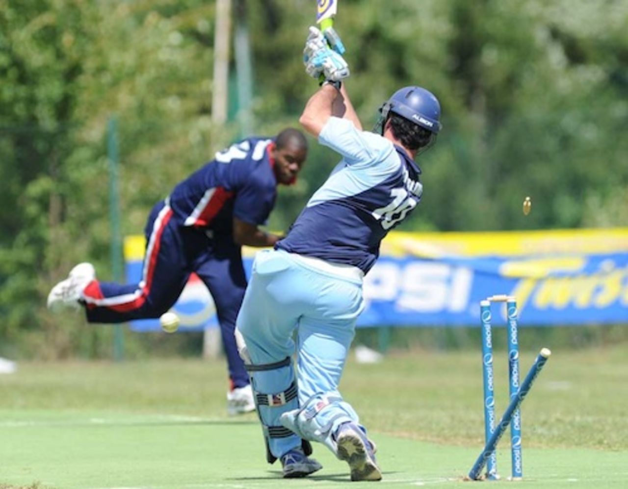 Lucas Paterlini is bowled by Marlon Bryan, Argentina v Cayman Islands, ICC World Cricket League Division Four, Pianoro, August 16, 2010