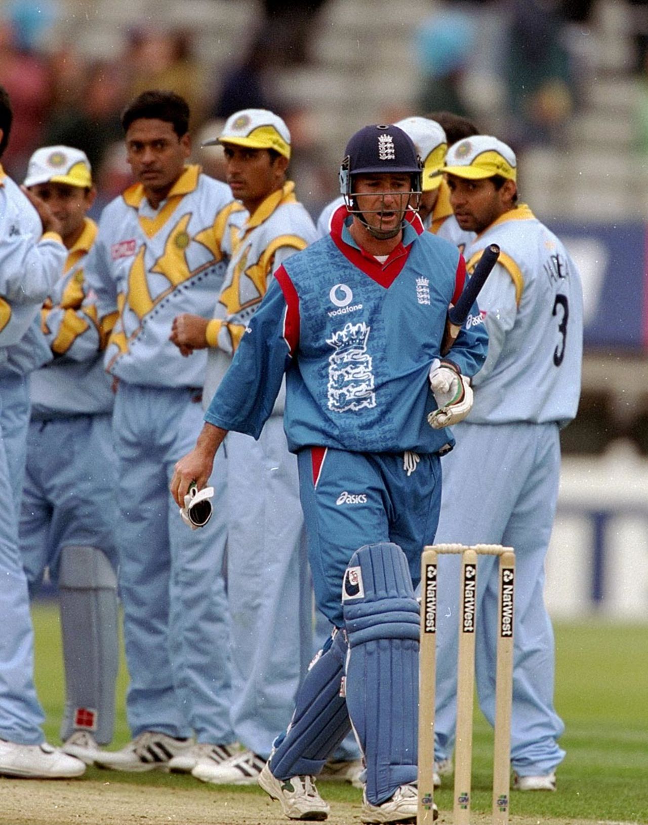 Graham Thorpe walks back after being given out lbw, India v England, World Cup, Birmingham, May 30, 1999