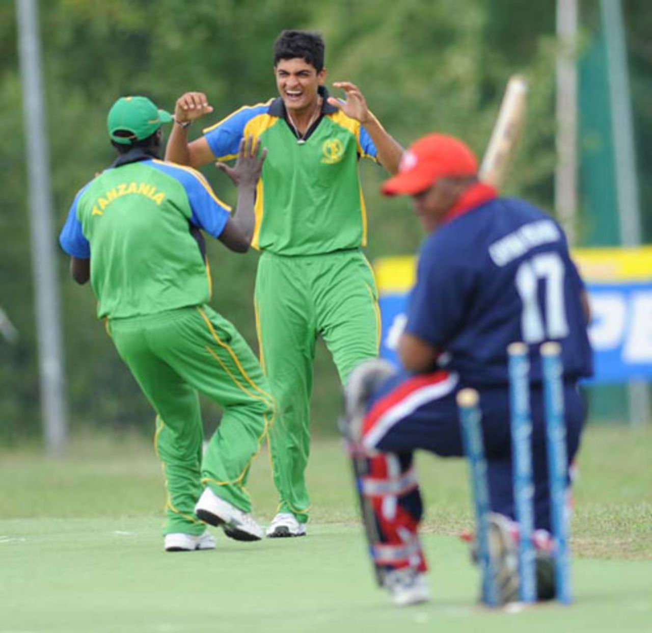 Harsh Ramaiya celebrates the dismissal of Kevin Bazil, Cayman Islands v Tanzania, ICC WCL Div. 4, Pianoro, August 18, 2010