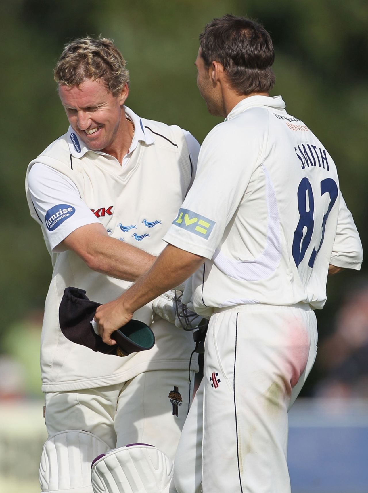 Greg Smith congratulates Murray Goodwin after his hundred - the fourth of the innings, Sussex v Derbyshire, County Championship Division Two, Horsham, August 19 2010