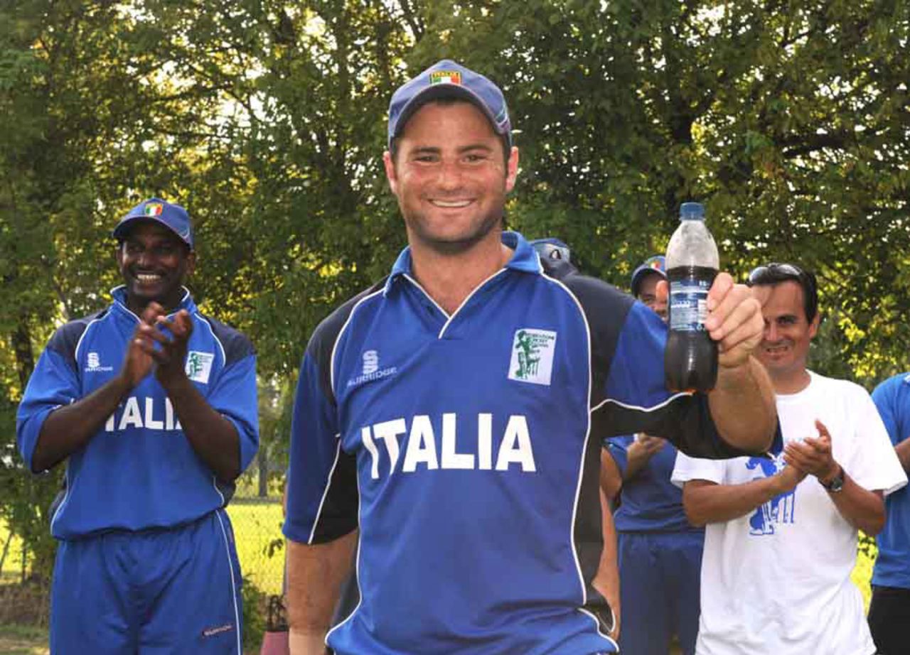 Man-of-the-Match Peter Petricola is all smiles after Italy's victory, Italy v Tanzania, ICC WCL Div. 4, Navile, August 20, 2010
