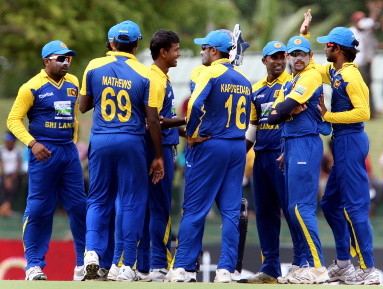 Sri Lanka celebrate the fall of an Indian wicket, Sri Lanka v India, tri-series, 5th ODI, Dambulla, August 22, 2010