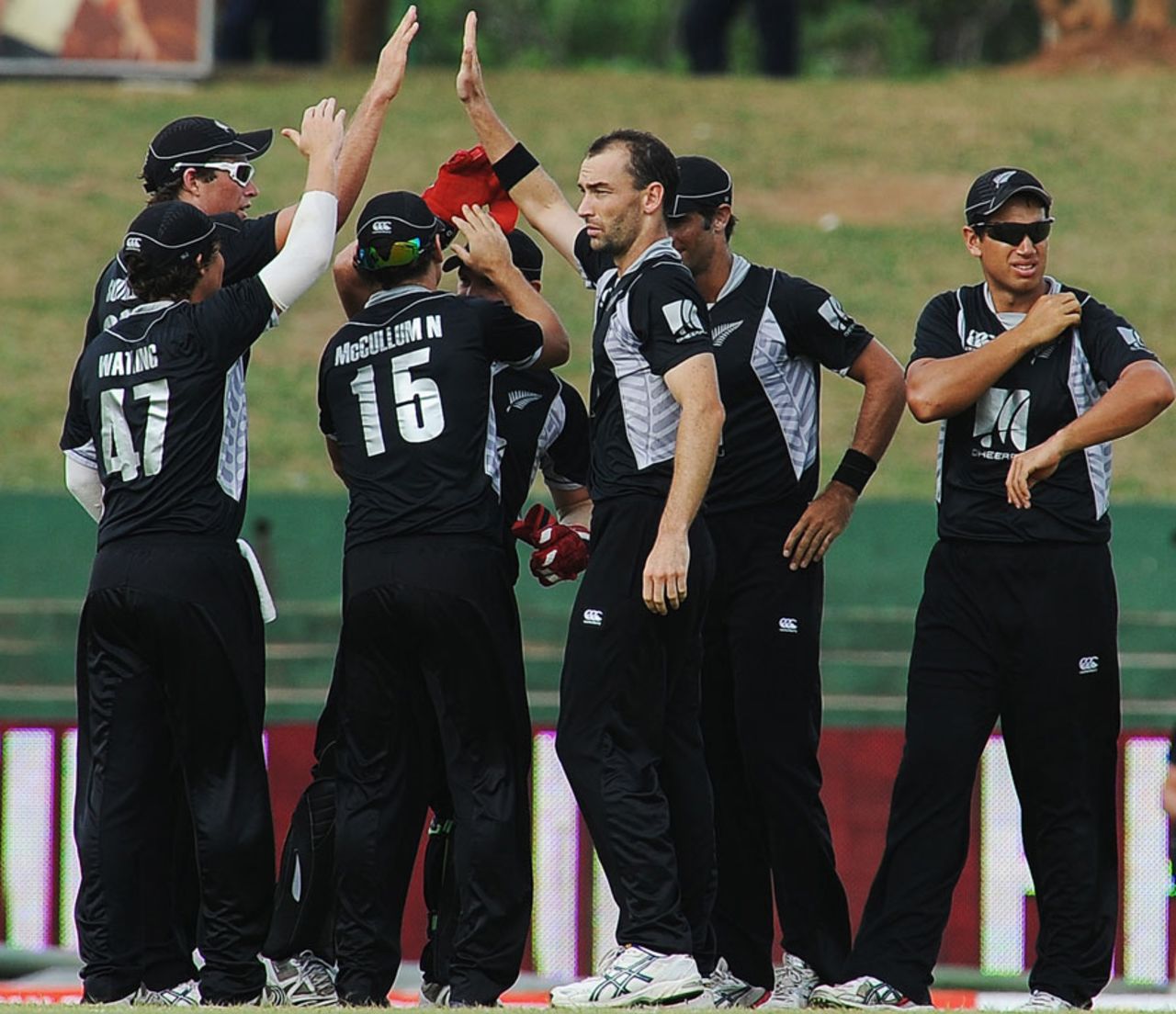 Andy McKay celebrates the fall of Yuvraj Singh with his team-mates, India v New Zealand, tri-series, 6th ODI, Dambulla, August 25, 2010