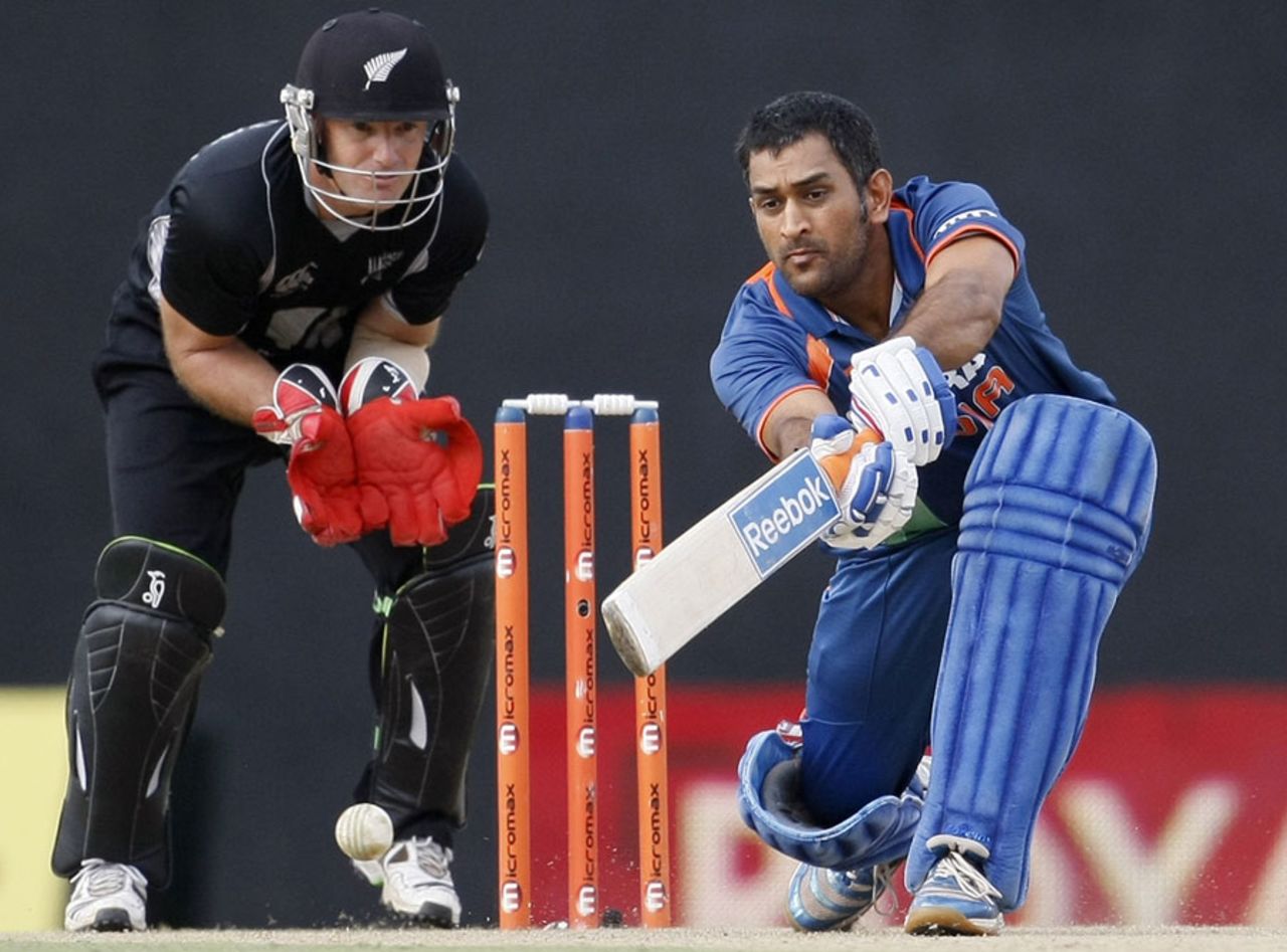 MS Dhoni drives through the off side, India v New Zealand, tri-series, 6th ODI, Dambulla, August 25, 2010