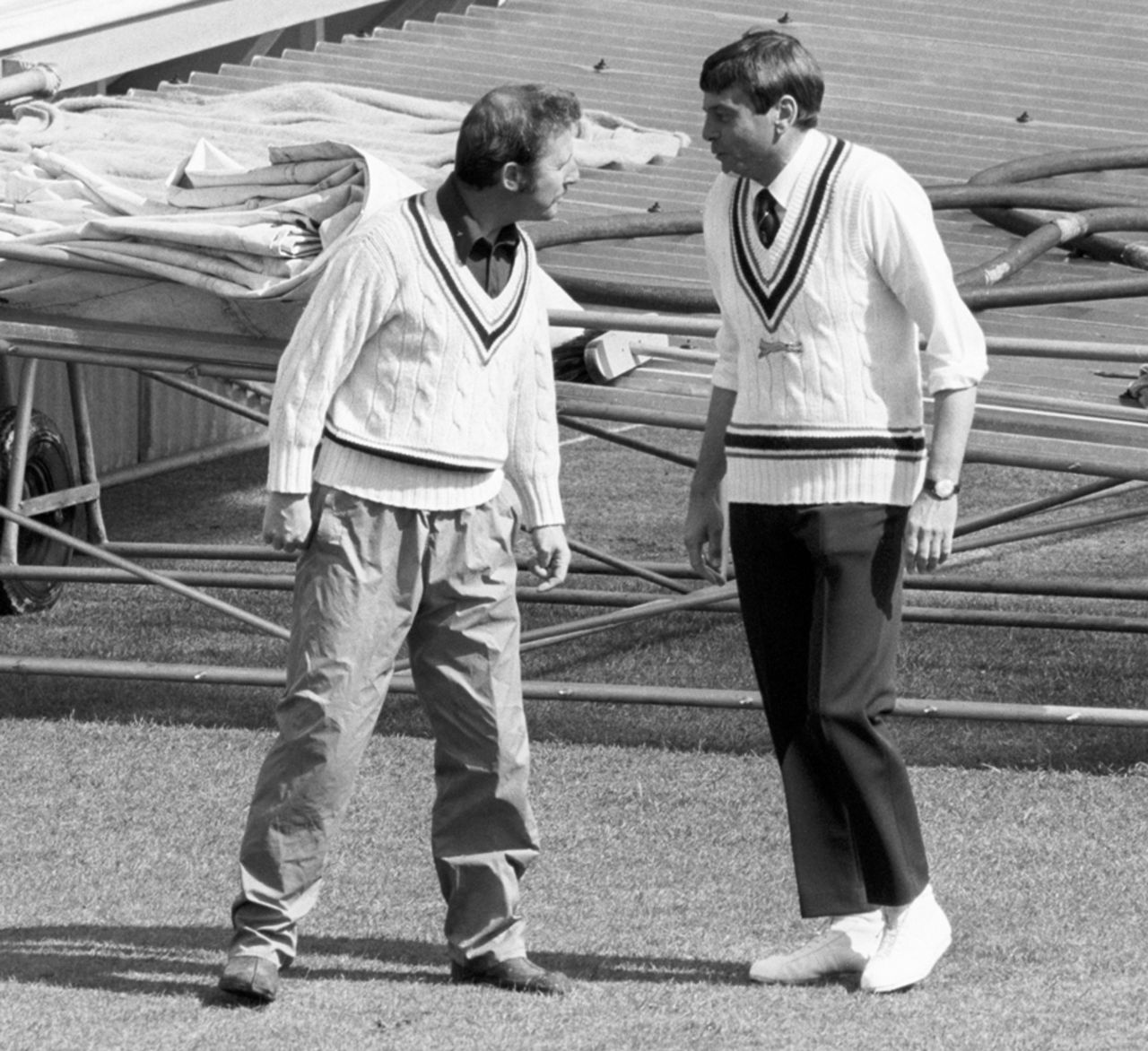Dickie Bird and David Constant ponder the conditions during the horrendous Saturday of the Centenary Test, England v Australia, Lord's, August 30, 1980