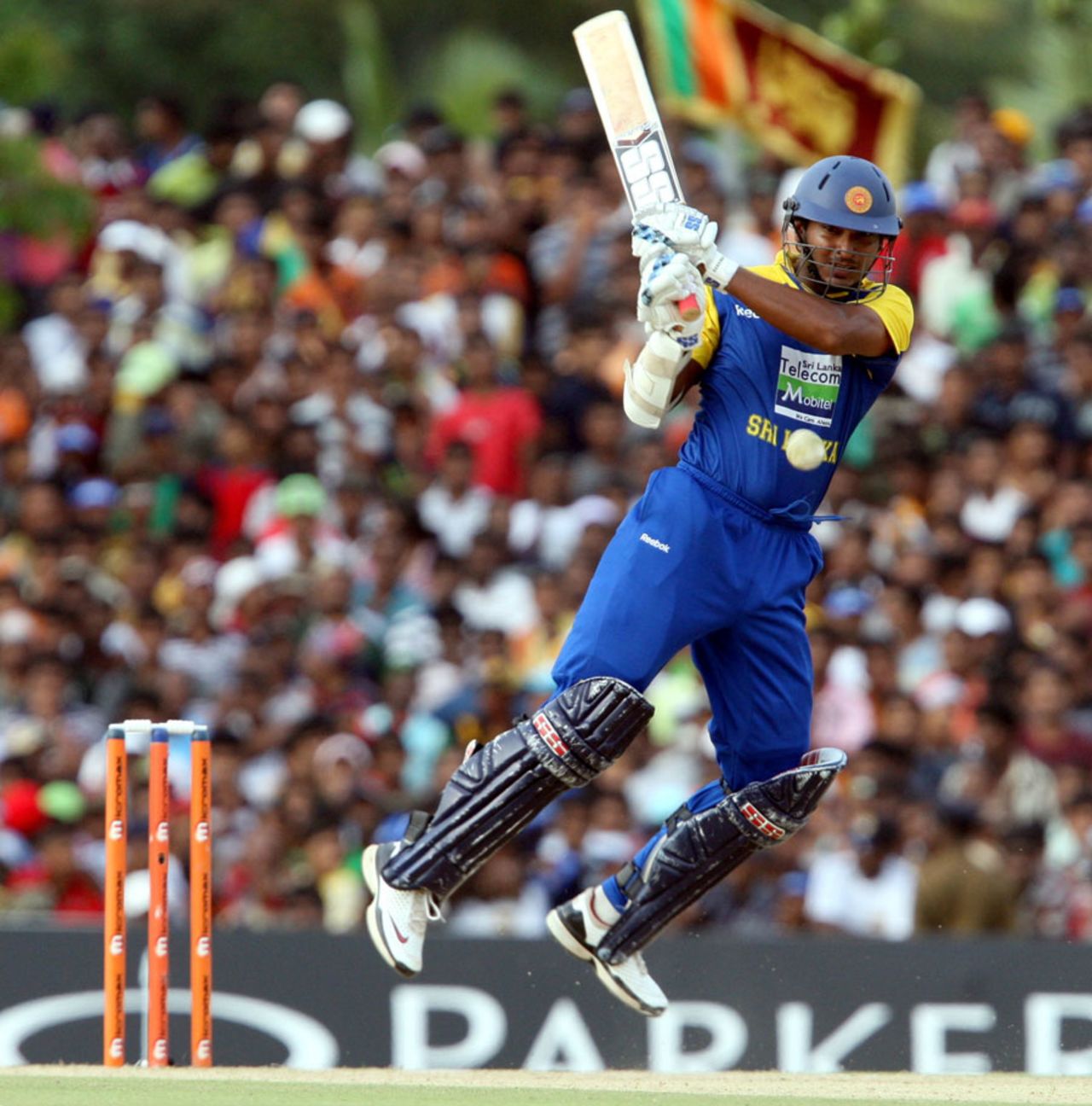 Kumar Sangakkara is airborne as he pulls the ball, Sri Lanka v India, tri-series final, Dambulla, August 28, 2010