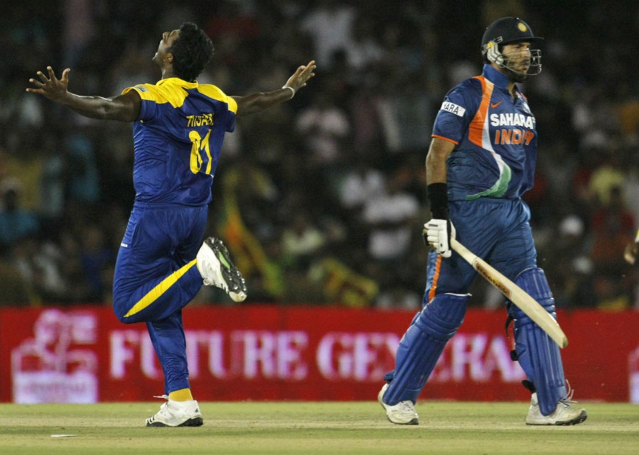 Thisara Perera is delighted after getting Yuvraj Singh, Sri Lanka v India, tri-series final, Dambulla, August 28, 2010