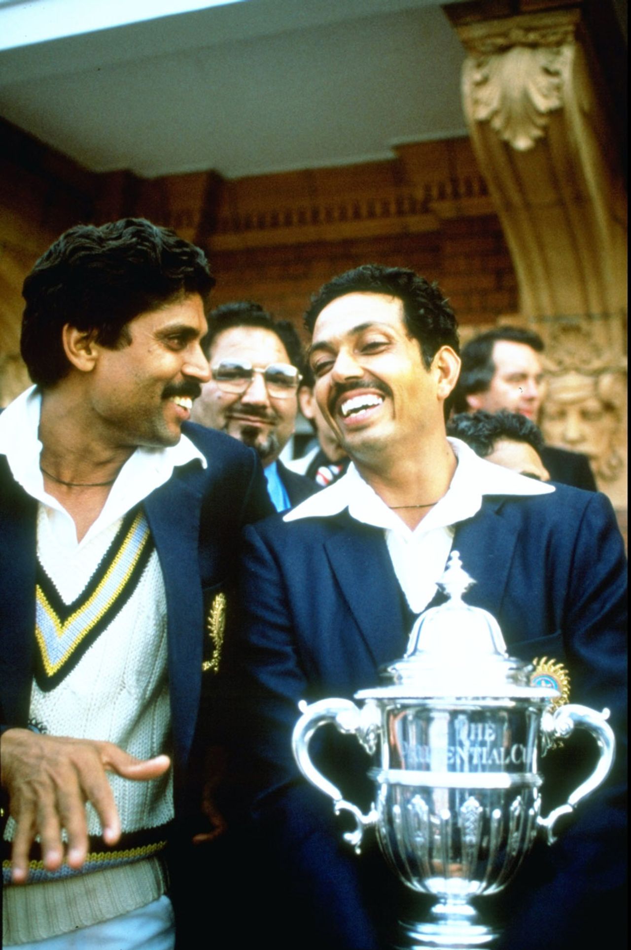 Captain Kapil Dev and man of the match Mohinder Amarnath with the World Cup trophy
