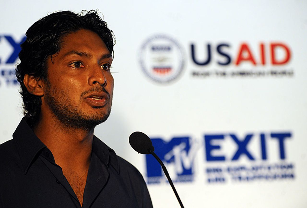 Kumar Sangakkara speaks at the launch of a documentary against human trafficking, Colombo, August 30, 2010