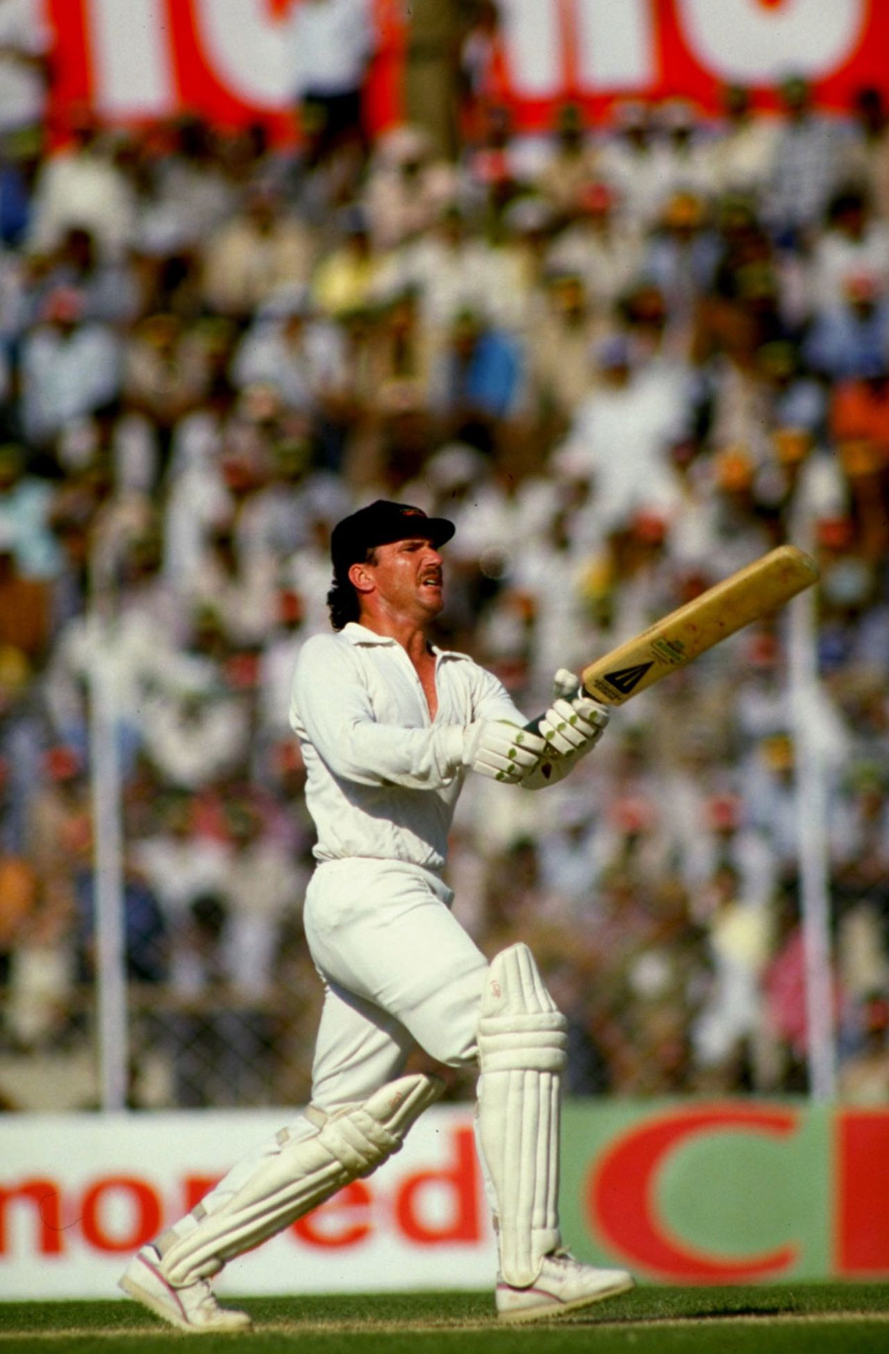 Allan Border batting against India at Delhi. India went on to win the match by 56 runs.
