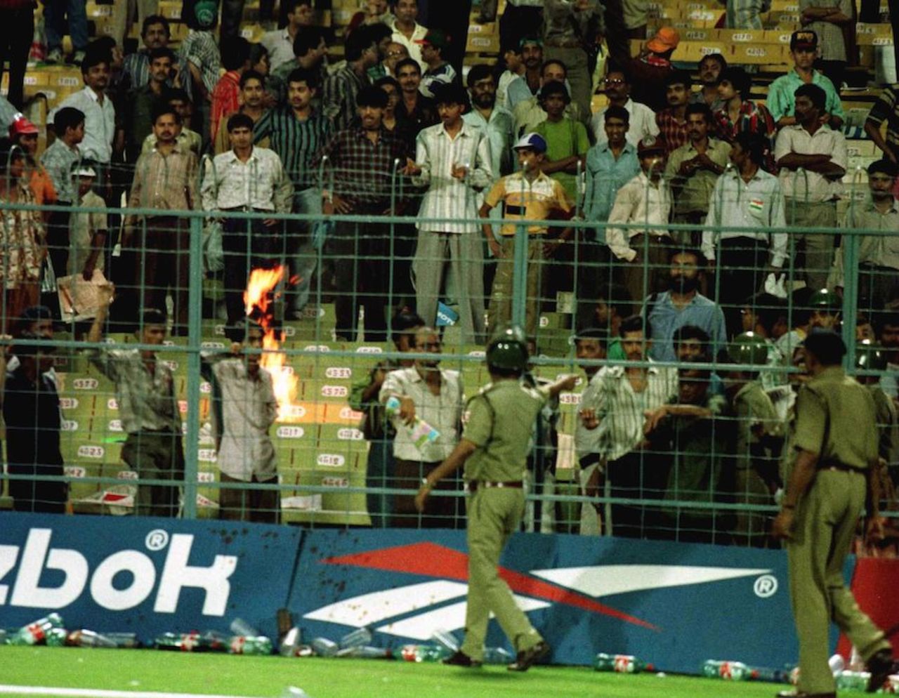 Fanatic Indian supporters cause a riot in the Eden Garden stands, 1st semi-final, India v Sri Lanka, Wills World Cup, Kolkata, March 13, 1996
