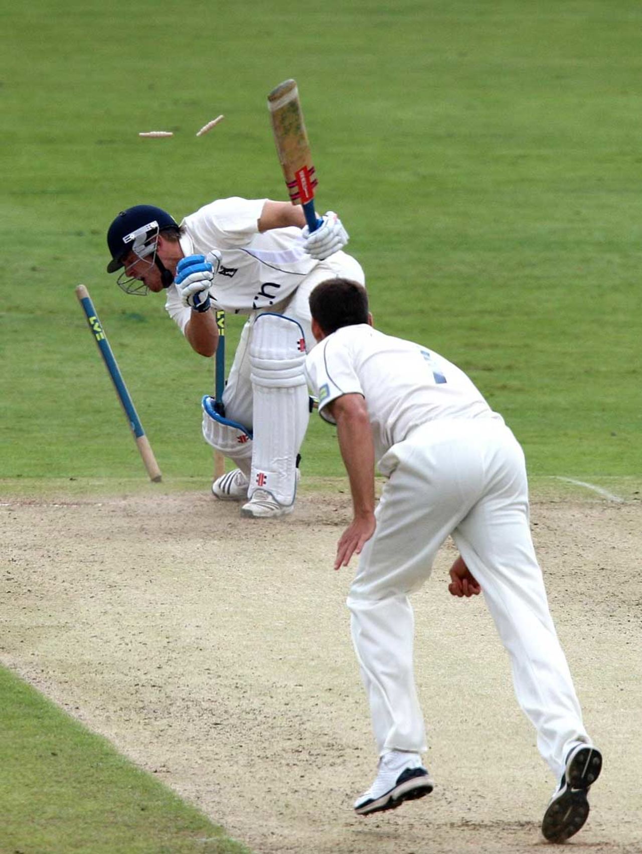 Laurie Evans gets into a tangle as he is bowled by Simon Cook, Warwickshire v Kent, County Championship, Division One, Edgbaston, August 31, 2010