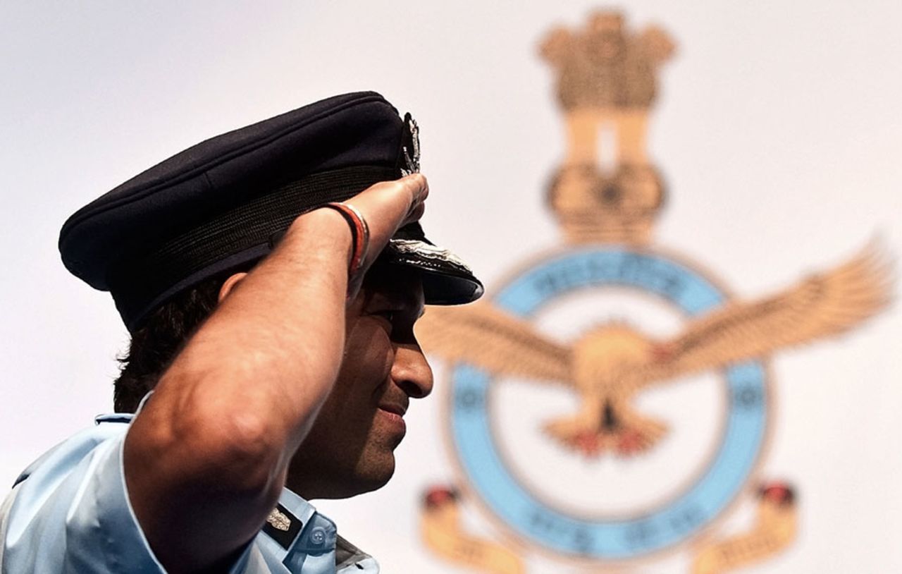 Group Captain Sachin Tendulkar salutes after receiving his honorary rank, New Delhi, Spetember 3, 2010