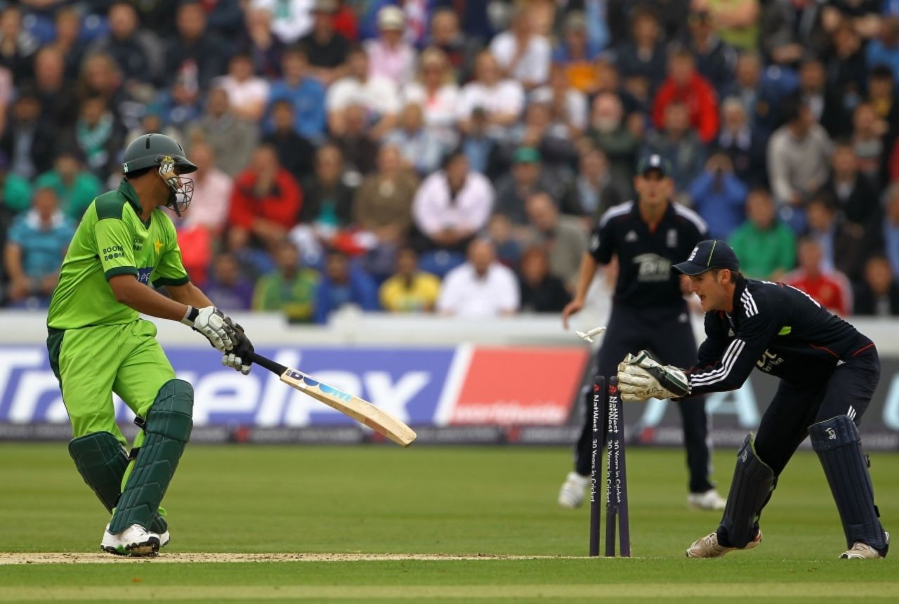 Shahzaib Hasan's scratchy innings came to an end when he was easily stumped off Graeme Swann, England v Pakistan, 1st T20I, Cardiff, September 5 2010