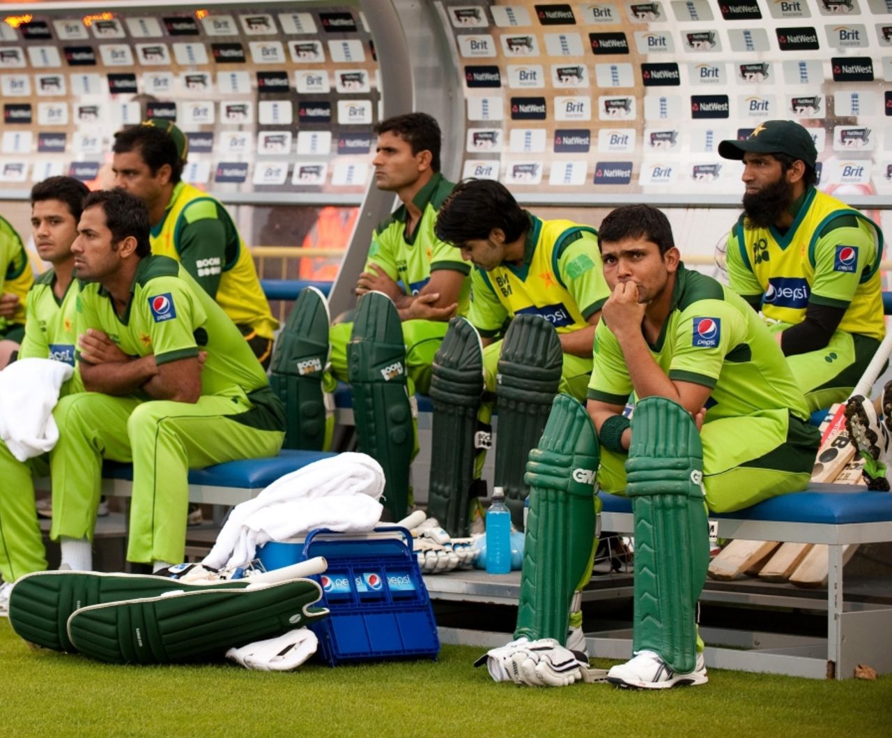 A glum Pakistan dug-out watch the procession to and from the crease, England v Pakistan, 2nd T20I, Cardiff, September 7, 2010