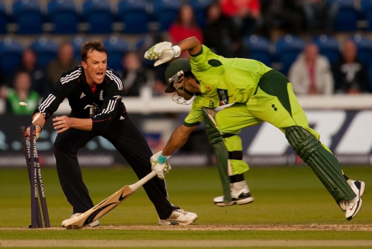 Mohammad Hafeez was well run out after labouring to 14 from 32 balls, England v Pakistan, 2nd T20I, Cardiff, September 7, 2010