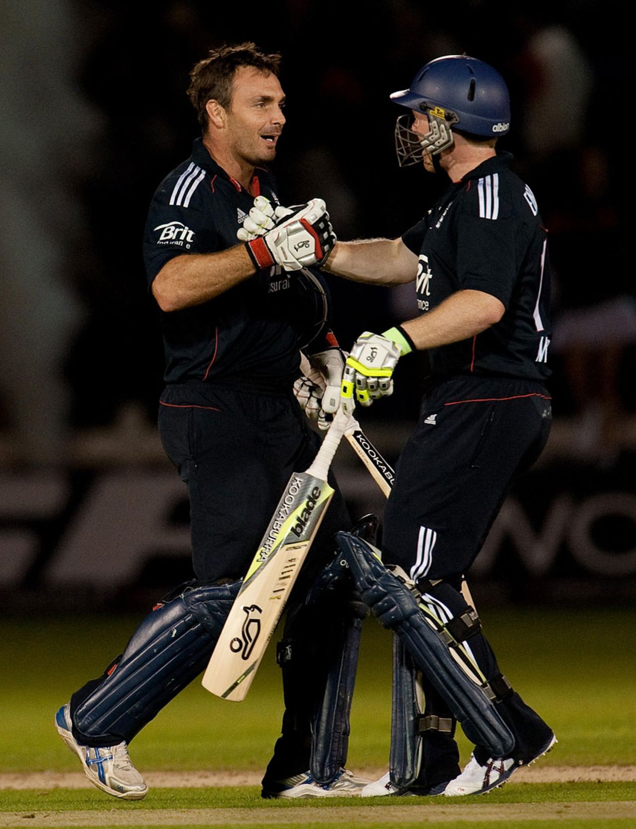 Michael Yardy and Eoin Morgan celebrate another job well done after they saw England to their seventh successive Twenty20 victory, England v Pakistan, 2nd T20I, Cardiff, September 7, 2010