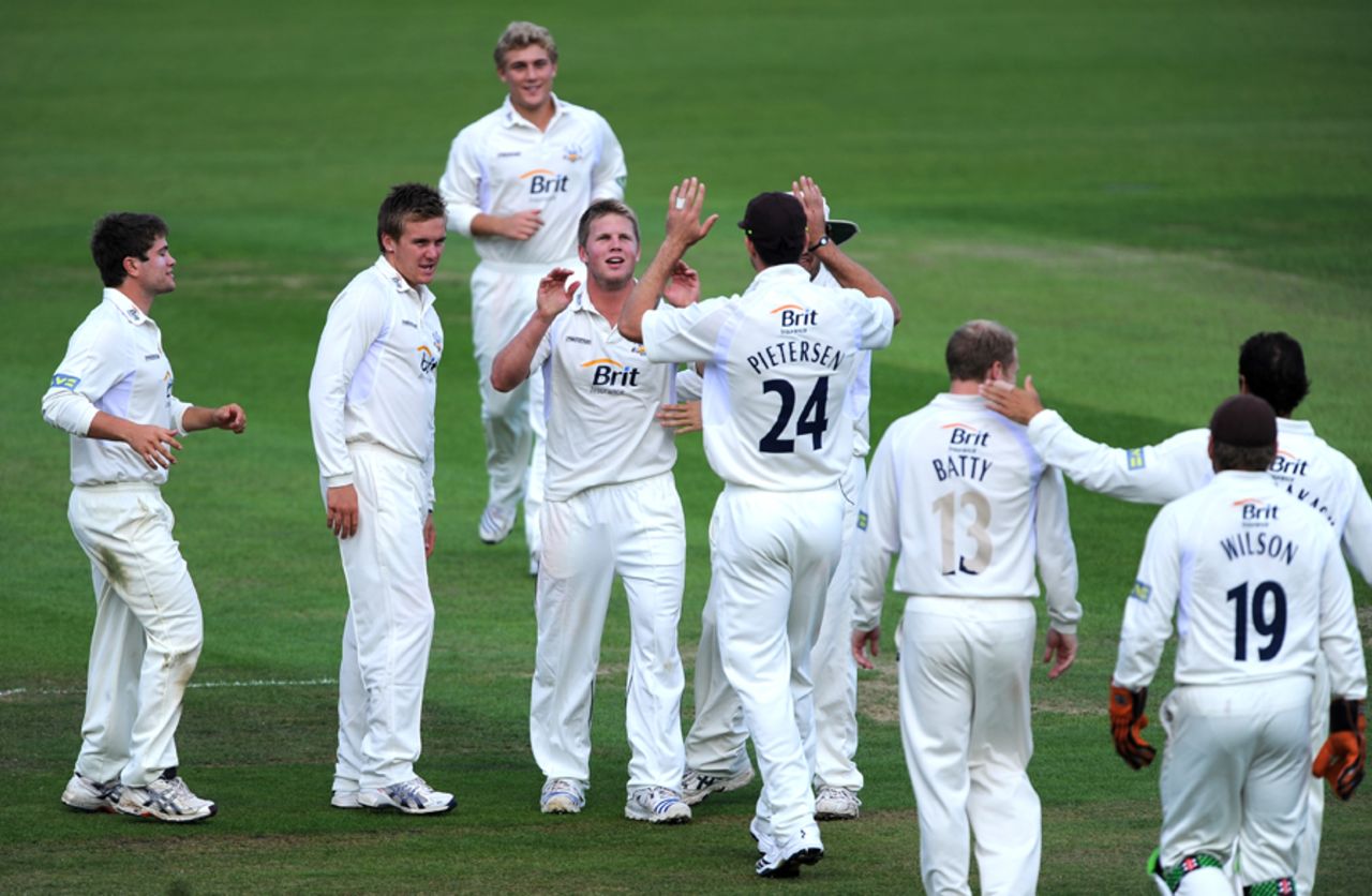 Stuart Meaker celebrates on his way to a five-wicket haul, Surrey v Glamorgan, County Championship Division Two, The Oval, September 9 2010