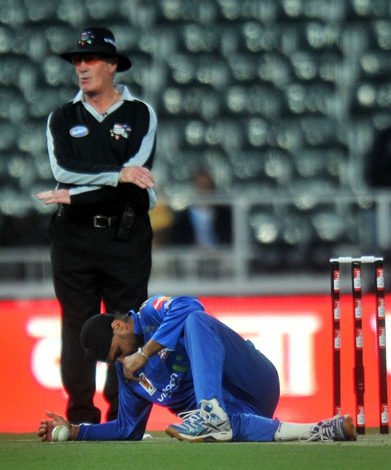 Harbhajan Singh ends up on the ground after slipping in his delivery stride, Lions v Mumbai, Champions League Twenty20, Johannesburg, September 10, 2010