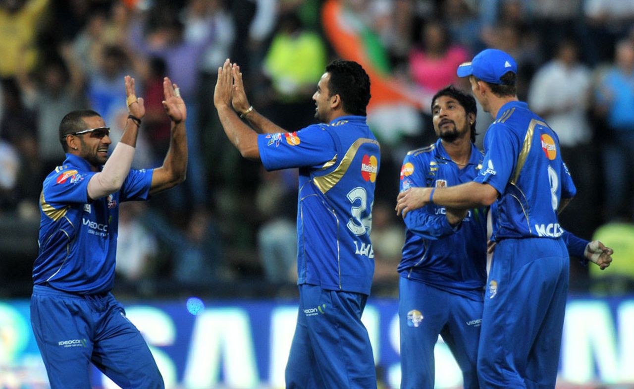 Mumbai Indians celebrate a dismissal, Lions v Mumbai, Champions League Twenty20, Johannesburg, September 10, 2010