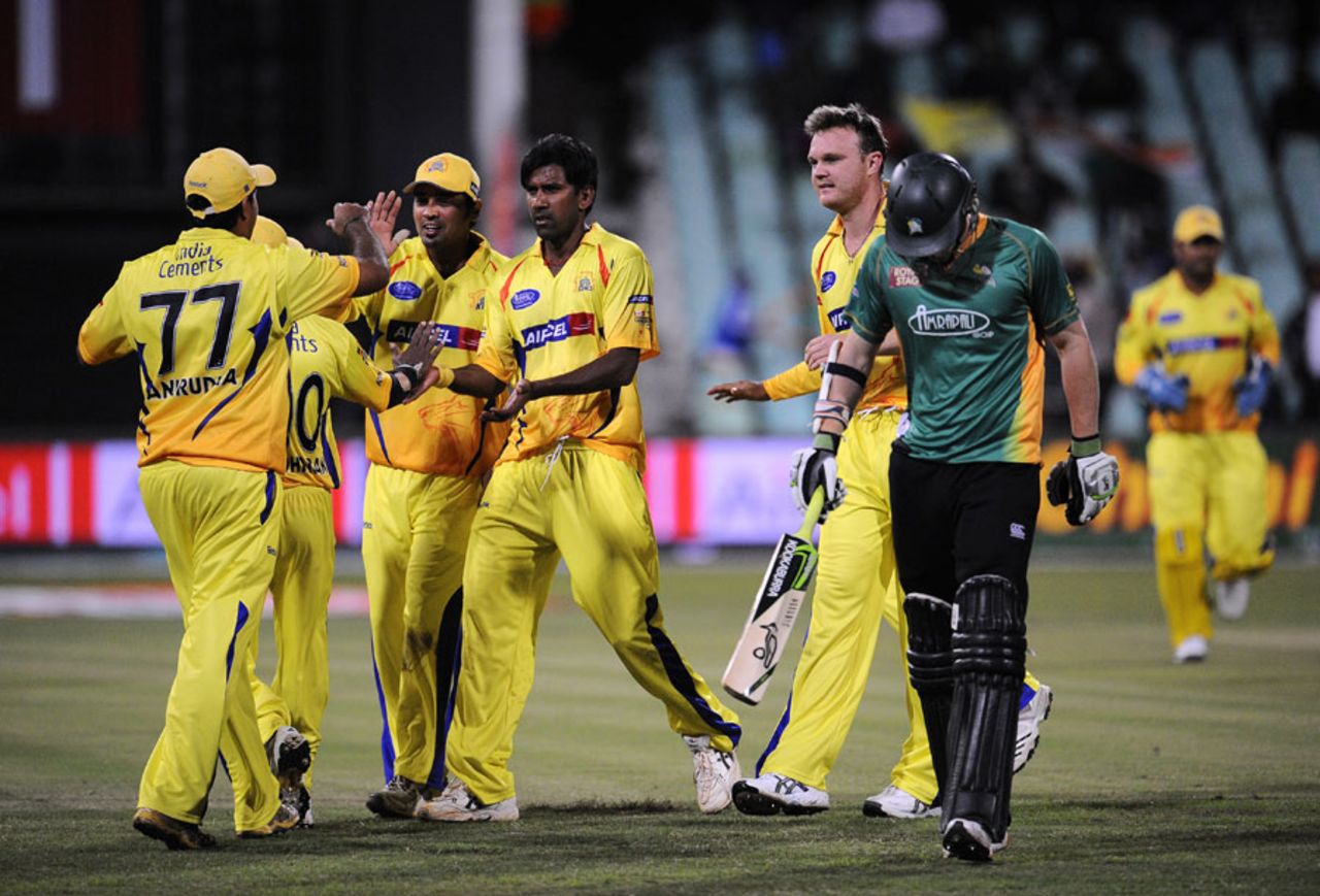 Chennai celebrate the dismissal of George Worker, Central Districts v Chennai Super Kings, Champions League Twenty20, Durban, September 11, 2010