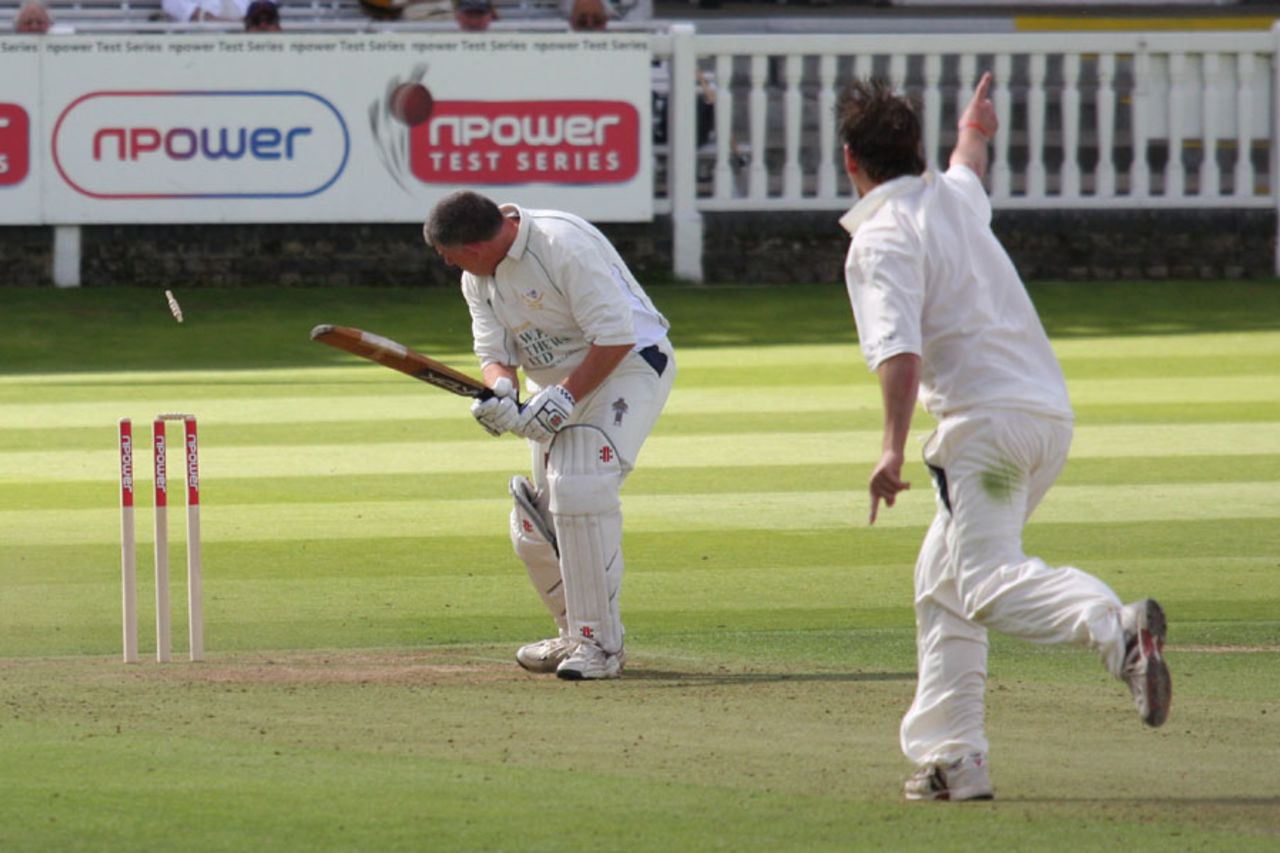 Shipton-under-Wychwood captain Paul Hemming is bowled by Stuart Peirse, Sessay v Shipton-under-Wychwood, npower Village Cup final, Lord's, September 12, 2010