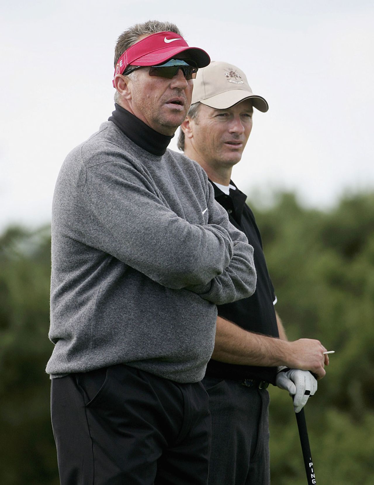 Ian Botham and Steve Waugh wait to tee off at the 13th hole, Dunhill Links Championship, Carnoustie, Scotland, September 29, 2005
