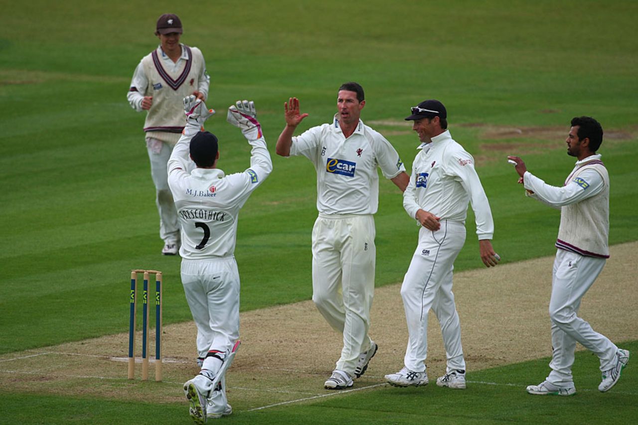 Ben Phillips celebrates after trapping Michael Di Venuto in front as Somerset started well, Durham v Somerset, County Championship, Division One, Chester-le-Street, September 13, 2010