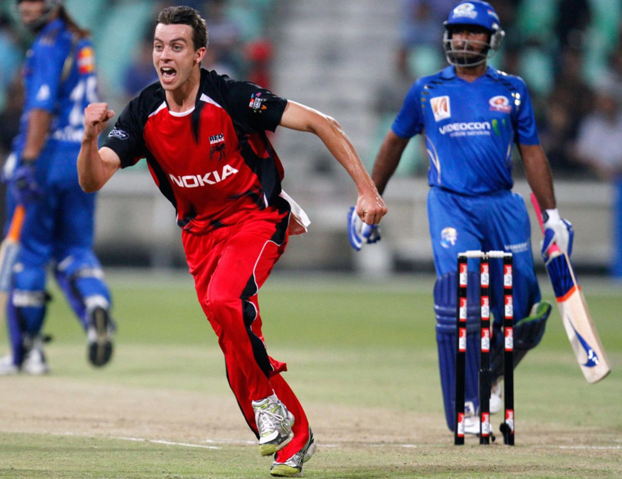 Cullen Bailey celebrates his first Twenty20 wicket, Mumbai Indians v South Australia, Champions League Twenty20, Durban, September 14, 2010
