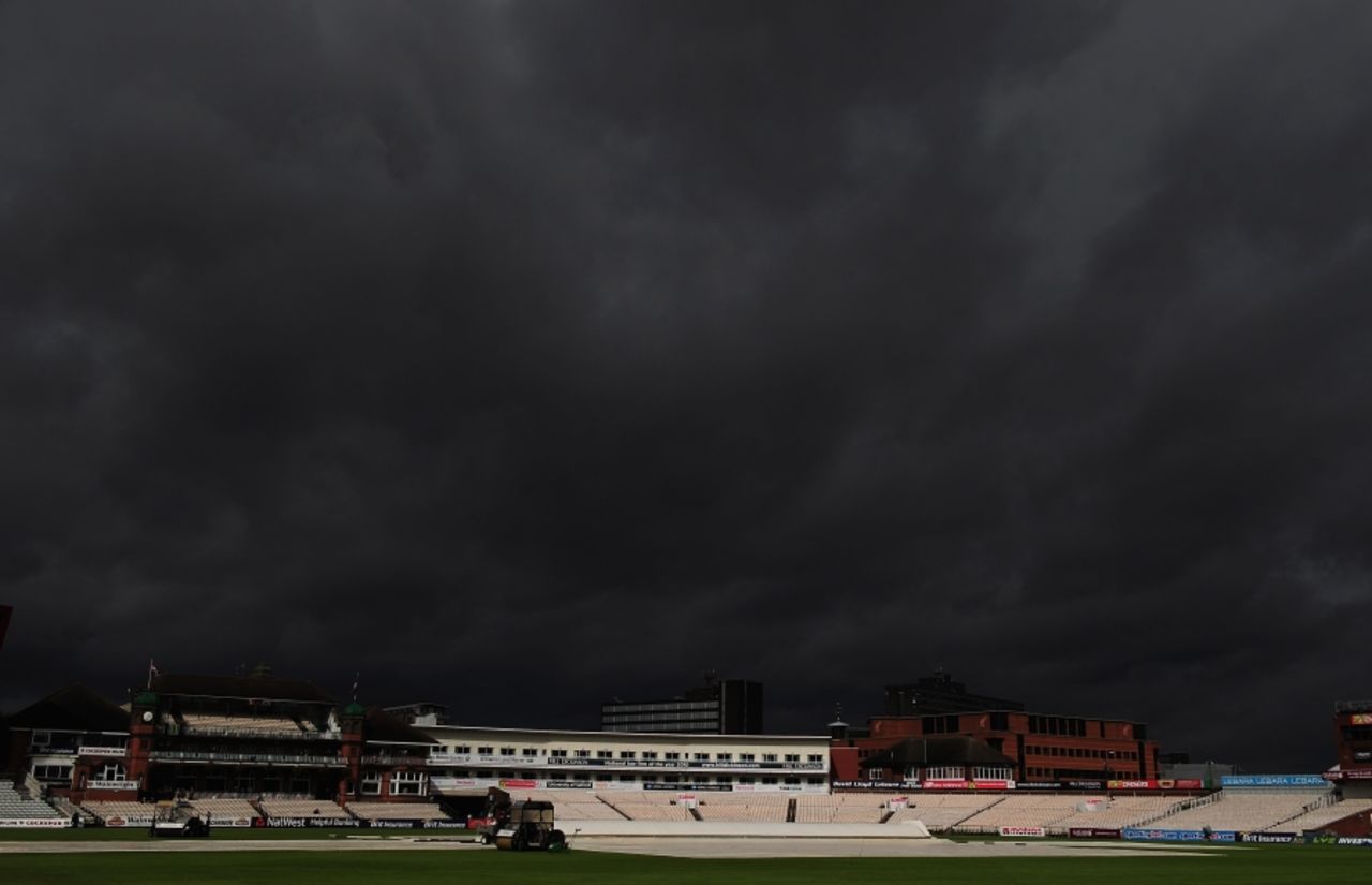 Dark clouds circle Old Trafford as play was delayed on the third day, Lancashire v Nottinghamshire, County Championship Division One, Old Trafford, September 15 2010