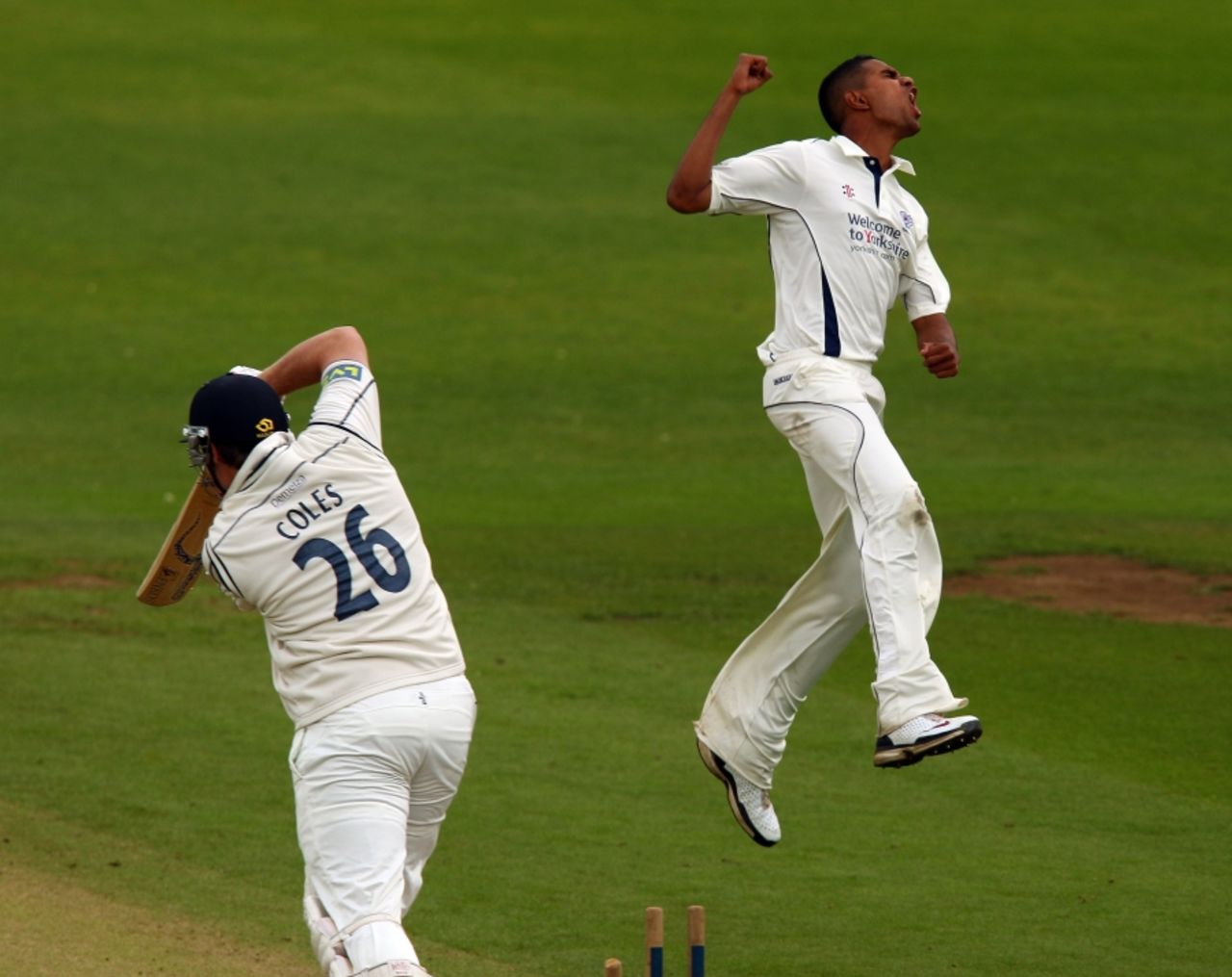 Moin Ashraf celebrates bowling Matt Coles to reach his first five-wicket haul in first-class cricket on a rain-interrupted day at Headingley, Yorkshire v Kent, County Championship Division One, Headingley, September 15 2010