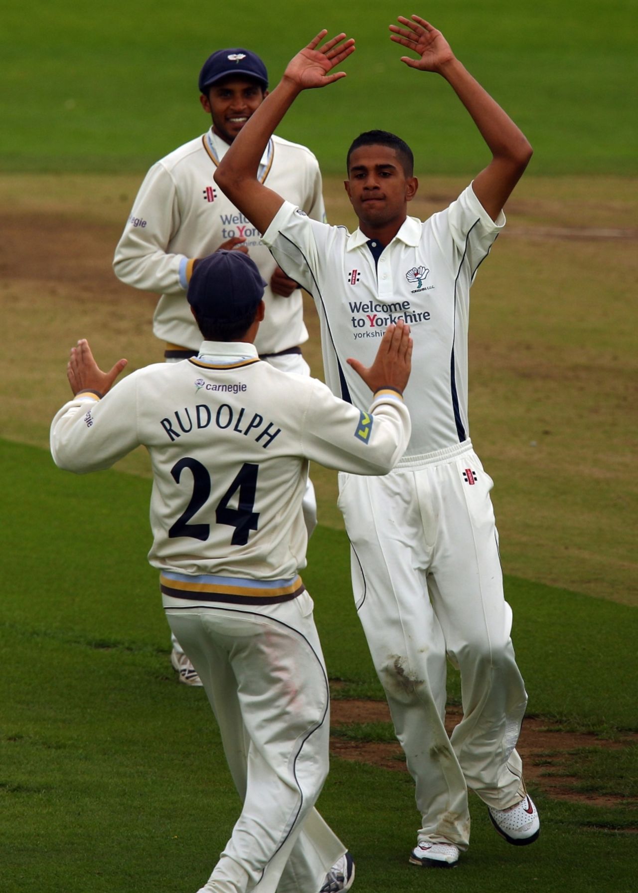 18-year-old Moin Ashraf is congratulated on reaching his maiden first-class five-wicket haul, Yorkshire v Kent, County Championship Division One, Headingley, September 15 2010