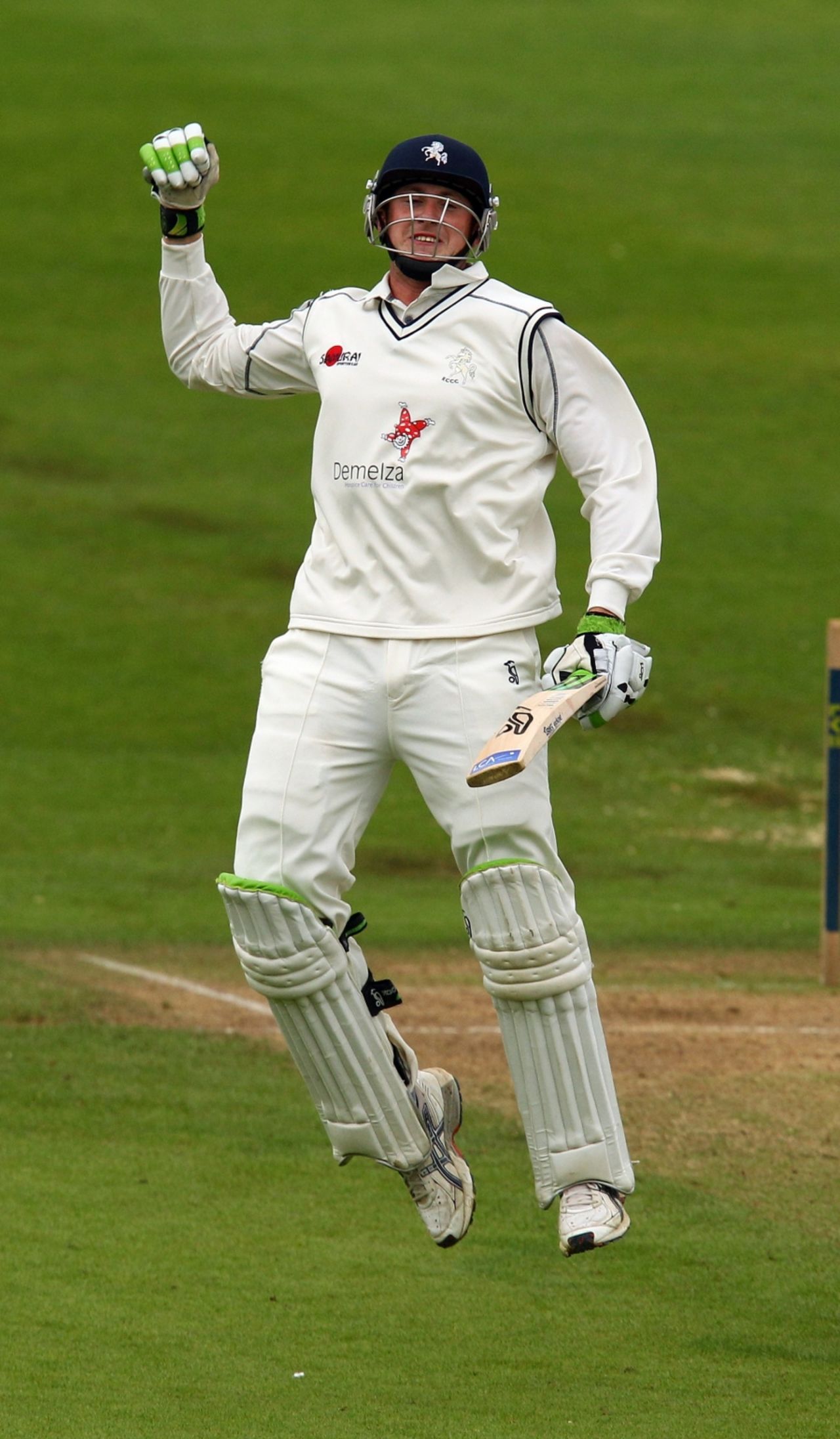 Alex Blake jumps for joy after reaching his maiden first-class hundred, Yorkshire v Kent, County Championship Division One, Headingley, September 15 2010