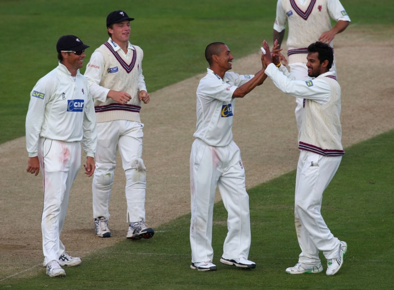 Alfonso Thomas is congratulated after taking the wicket of Ben Harmison, Durham v Somerset, County Championship Division One, Chester-le-Street, September 16 2010