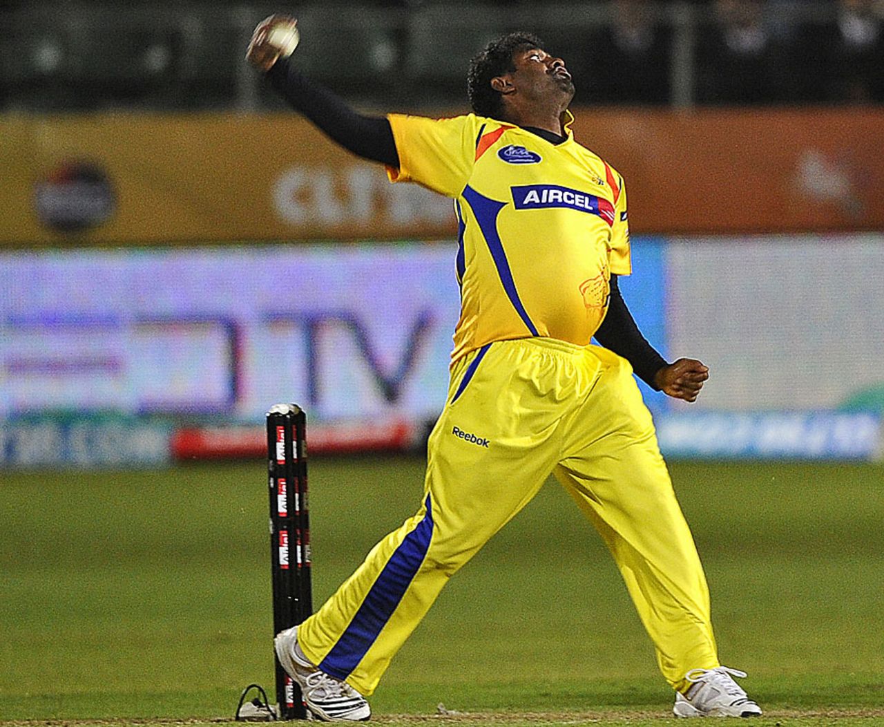 Muttiah Muralitharan bowled a tight spell, Chennai v Victoria, Champions League Twenty20 2010, Port Elizabeth, September 18, 2010