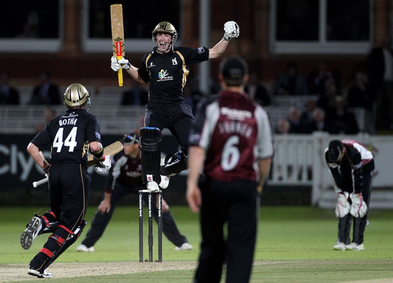 Chris Woakes leaps for joy after sealing the title, Somerset v Warwickshire, CB40 final, Lord's, September 18, 2010