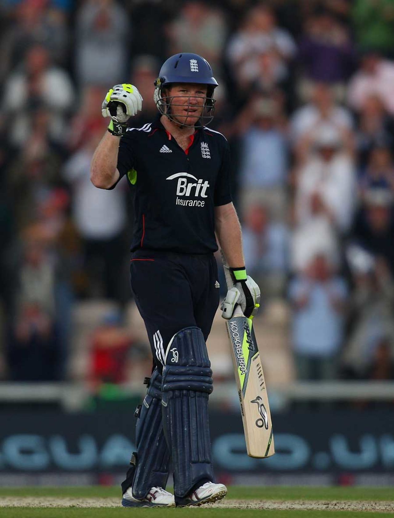 Eoin Morgan punches the air after reaching his hundred, England v Pakistan, 5th ODI, Rose Bowl, September 22, 2010