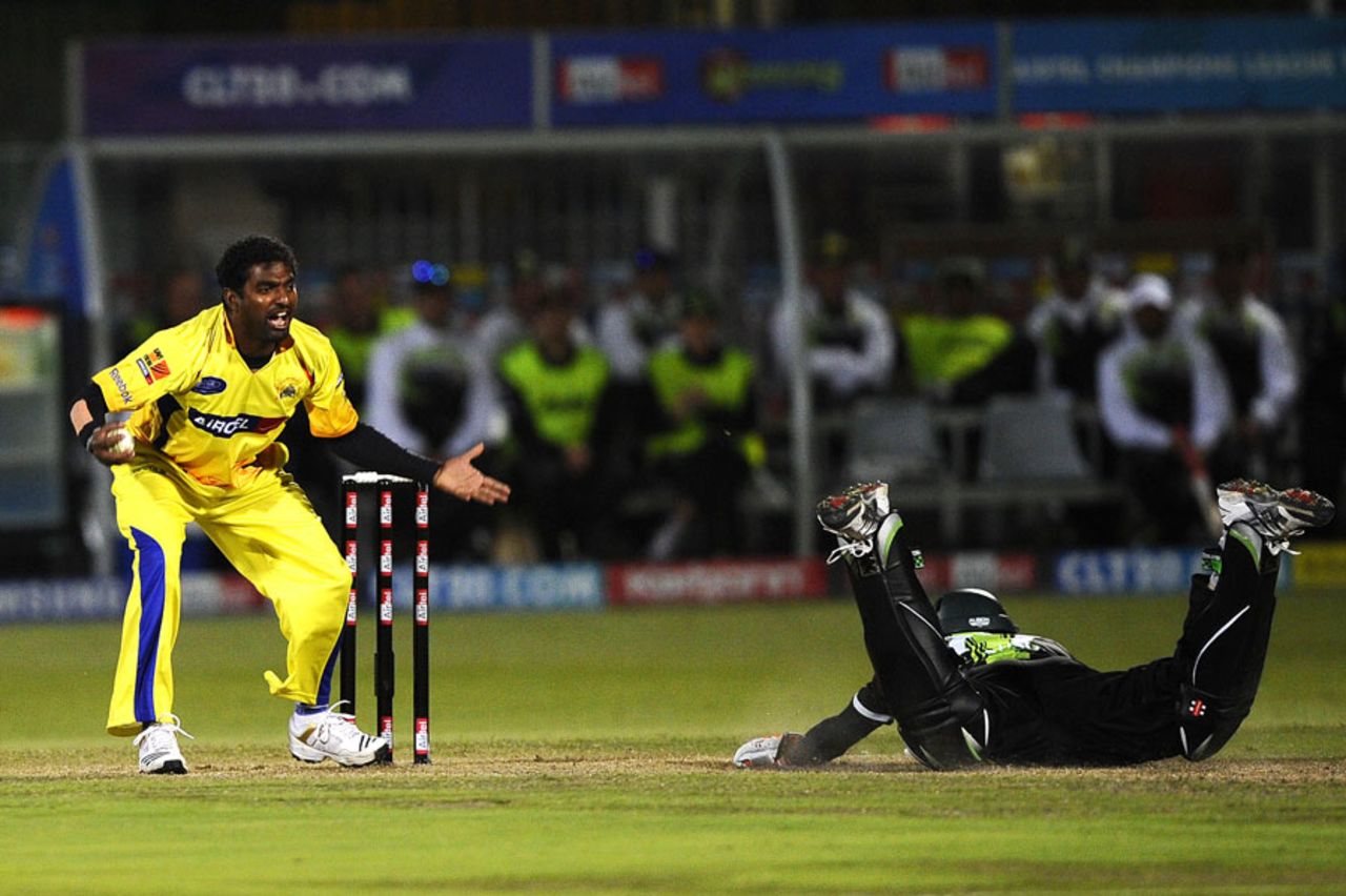 Muttiah Muralitharan reacts after a wide throw messes up a run-out opportunity, Warriors v Chennai Super Kings, Champions League T20, Port Elizabeth, September 22, 2010