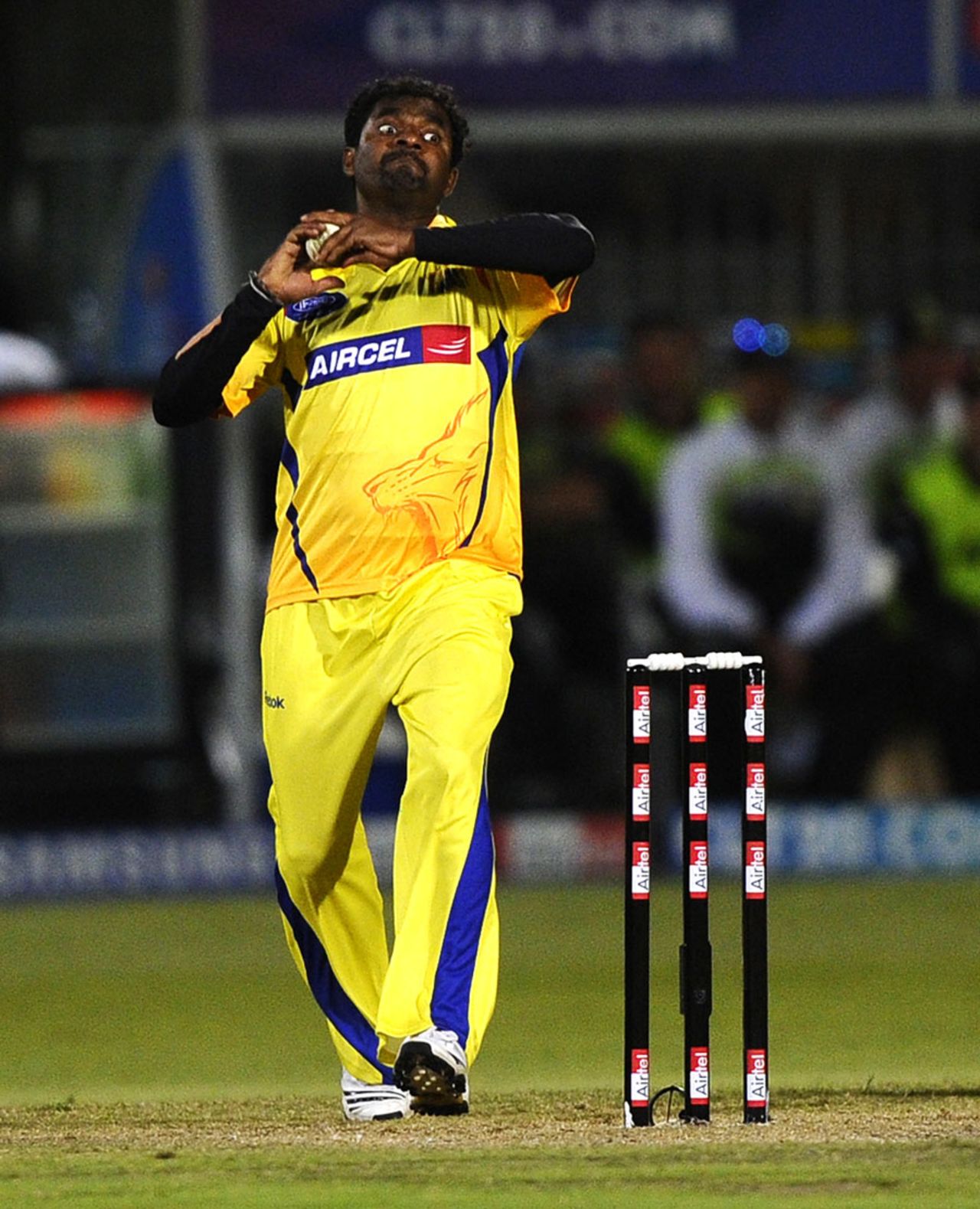 Muttiah Muralitharan is all concentration in his delivery stride, Warriors v Chennai Super Kings, Champions League T20, Port Elizabeth, September 22, 2010