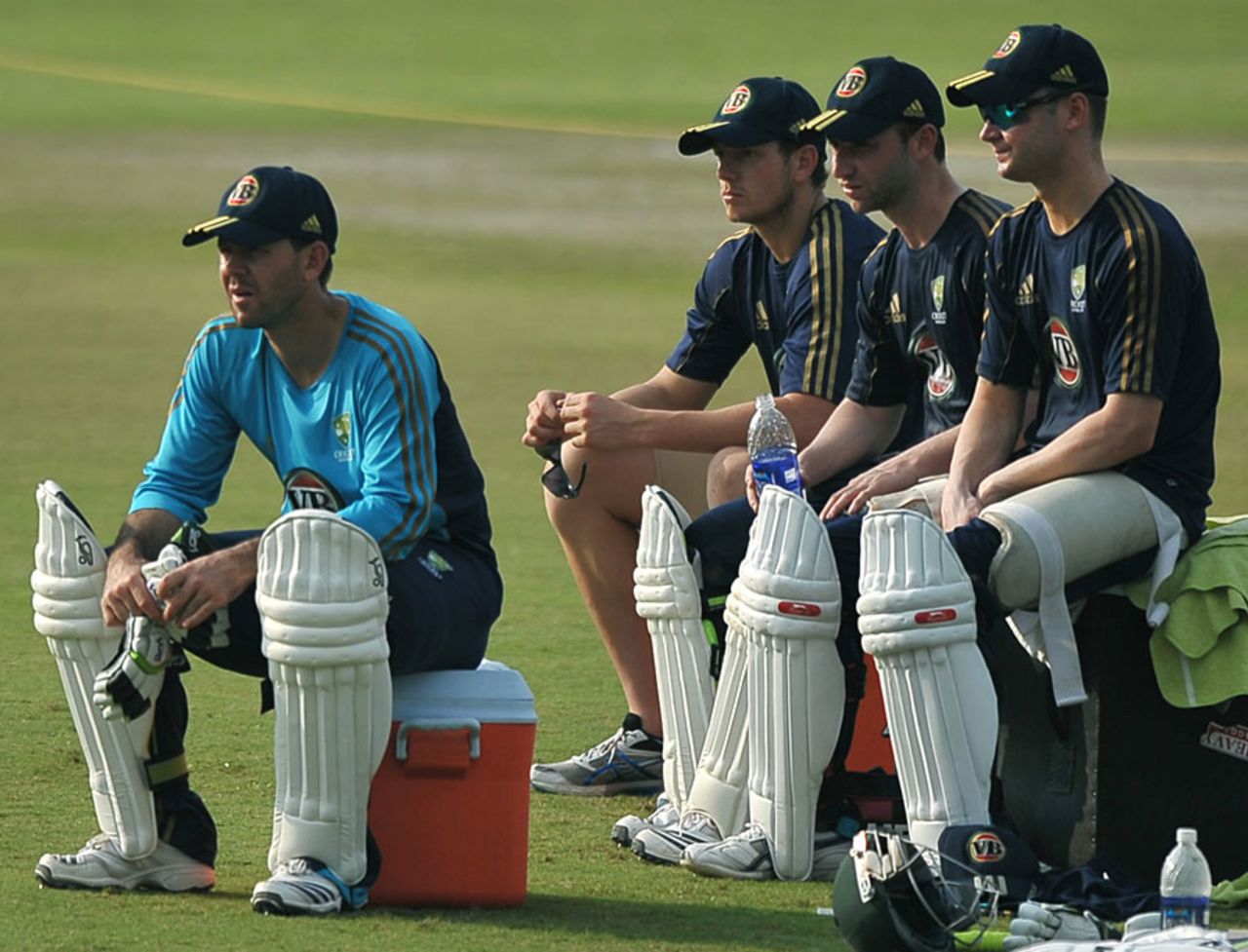 Ricky Ponting, Michael Clarke, Phillip Hughes and Peter George rest during practice, Chandigarh, September 24, 2010
