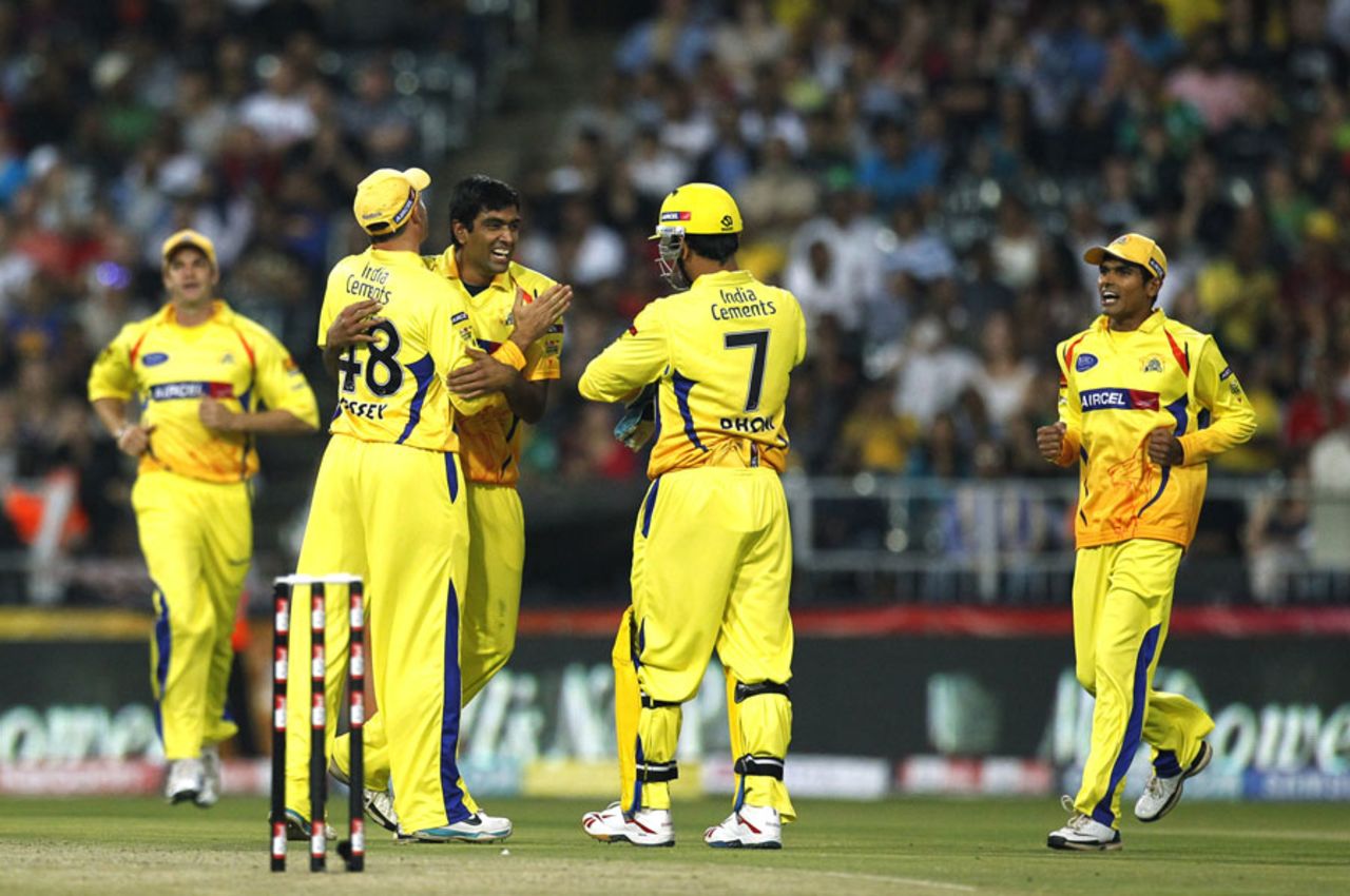 R Ashwin is congratulated by his team-mates after getting Davy Jacobs, Warriors v Chennai, Champions League Twenty20, Johannesburg, September 26, 2010