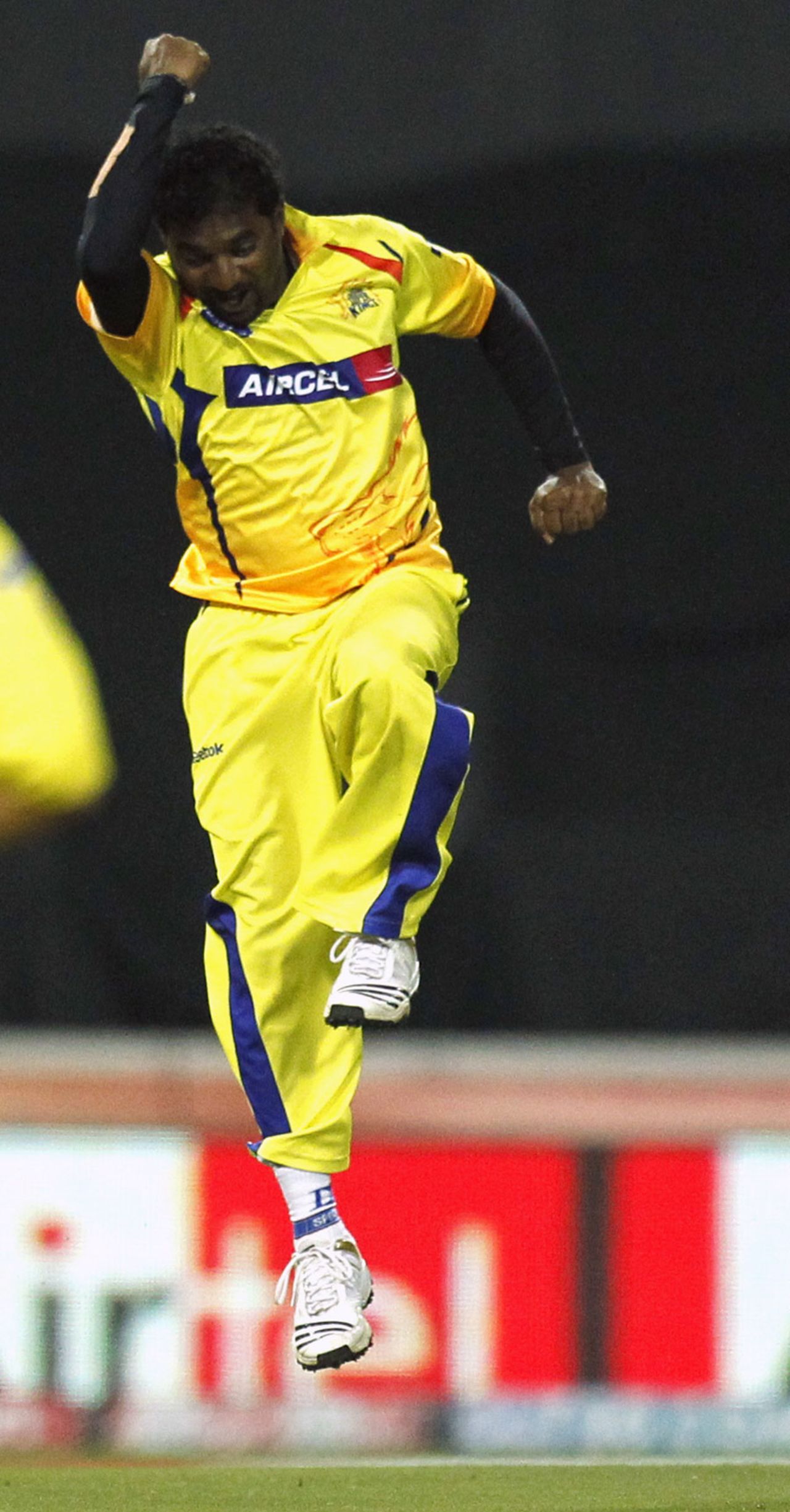 Muttiah Muralitharan is delighted after snaring a wicket, Warriors v Chennai, Champions League Twenty20, Johannesburg, September 26, 2010