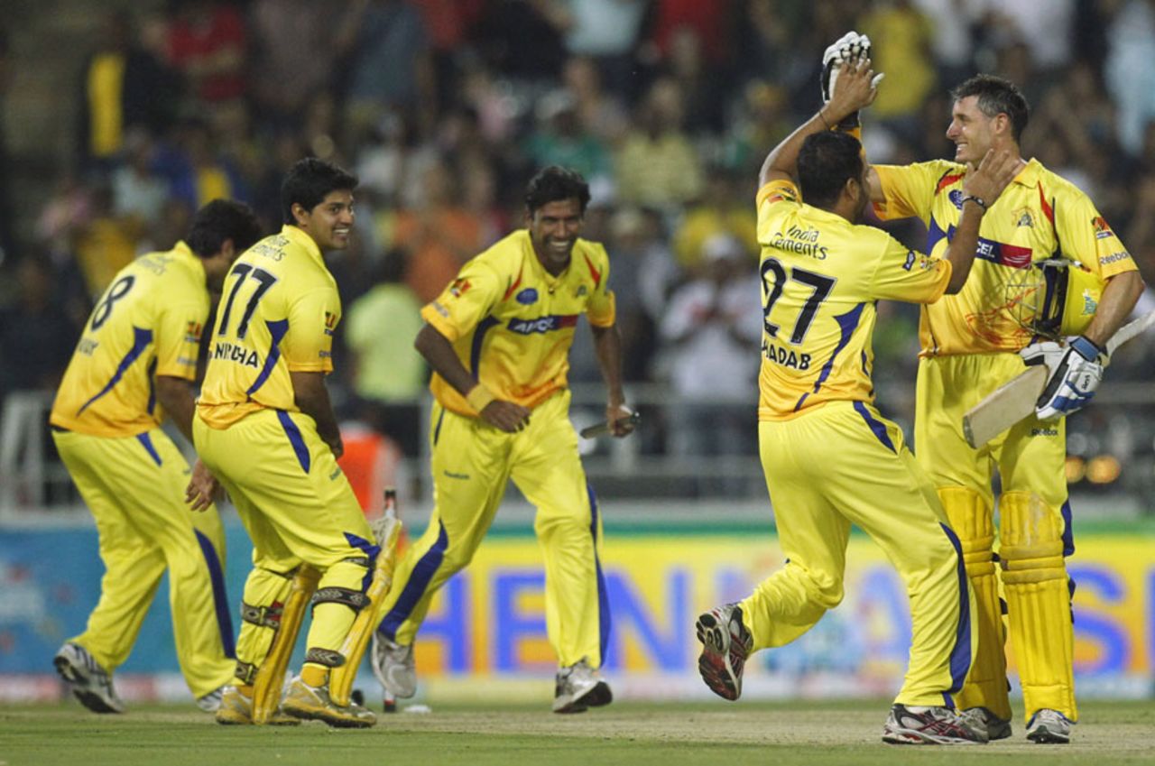 The Chennai players are ecstatic after their triumph, Warriors v Chennai, Champions League Twenty20, Johannesburg, September 26, 2010