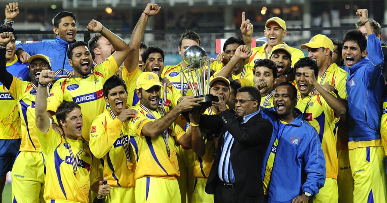 Chennai Super Kings pose with the Champions League Twenty20 trophy, Warriors v Chennai, Champions League Twenty20, Johannesburg, September 26, 2010
