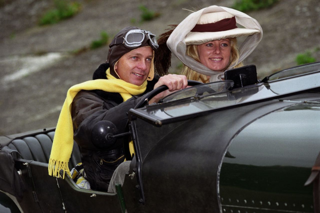 David Gower at the wheel of a 1926 Bentley 3 litre, with his wife Thorunn, at the start of the Brooklands - Le Mans Retrospective rally, October 8, 1992