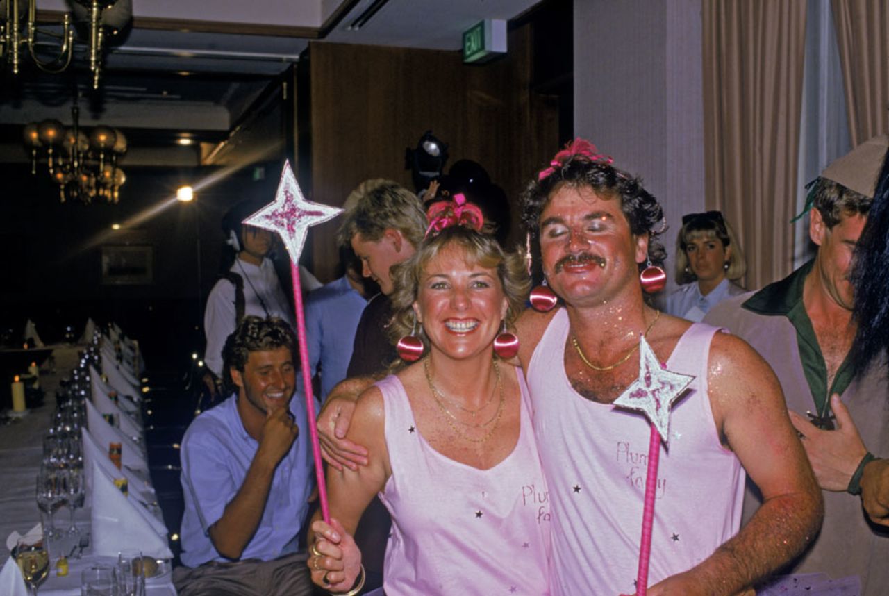 Allan Lamb and his wife dressed as plum fairies in a fancy dress party during the tour of Australia, December 1, 1986