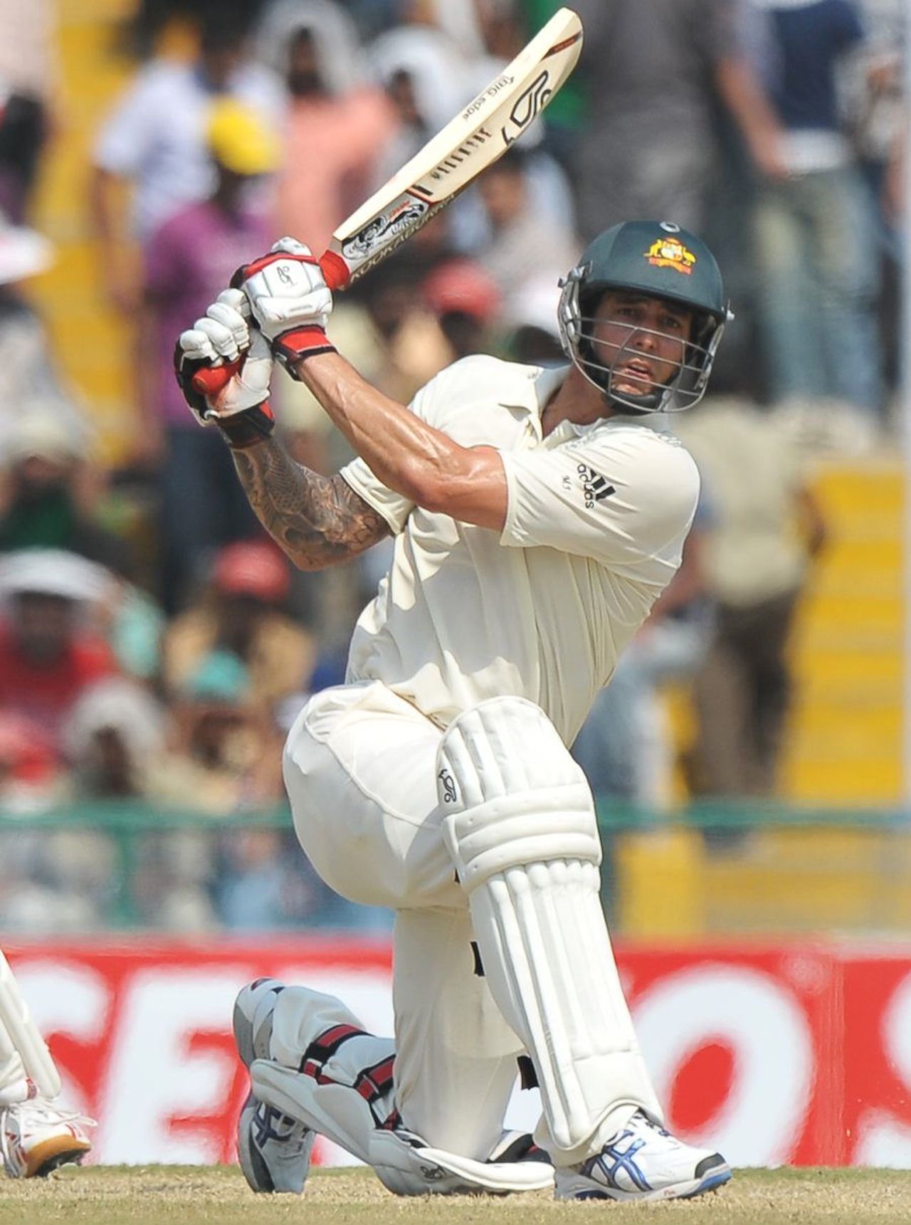 Mitchell Johnson played powerful shots to the leg-side boundary, India v Australia, 1st Test, Mohali, 2nd day, October 2, 2010